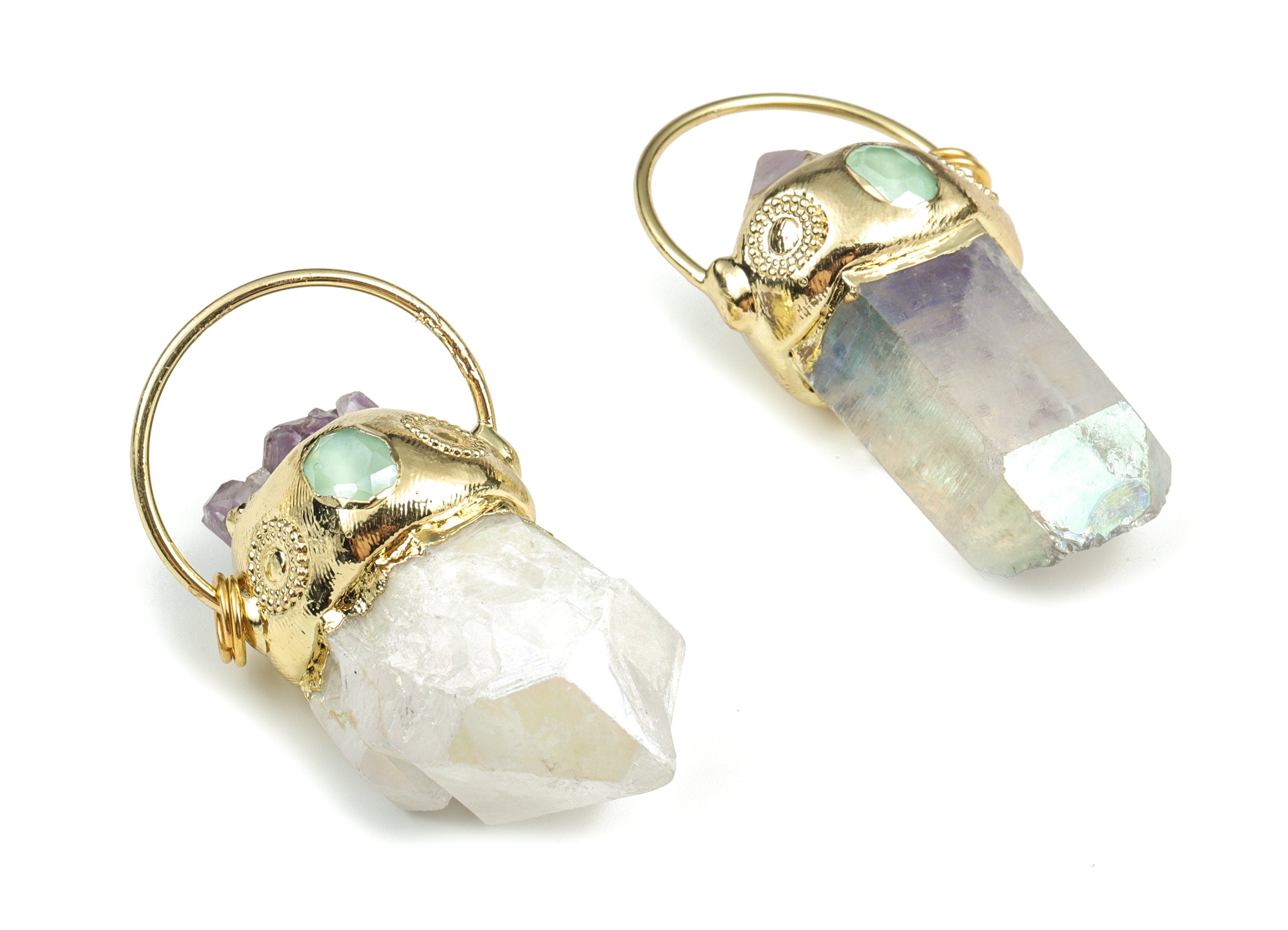 Aura Quartz Stone Earring Charms – Natural Gemstone Pendant - Jewelry Making Supplies – 64.04x32.88x22.02mm – NS1288 - DOMEDBAZAAR