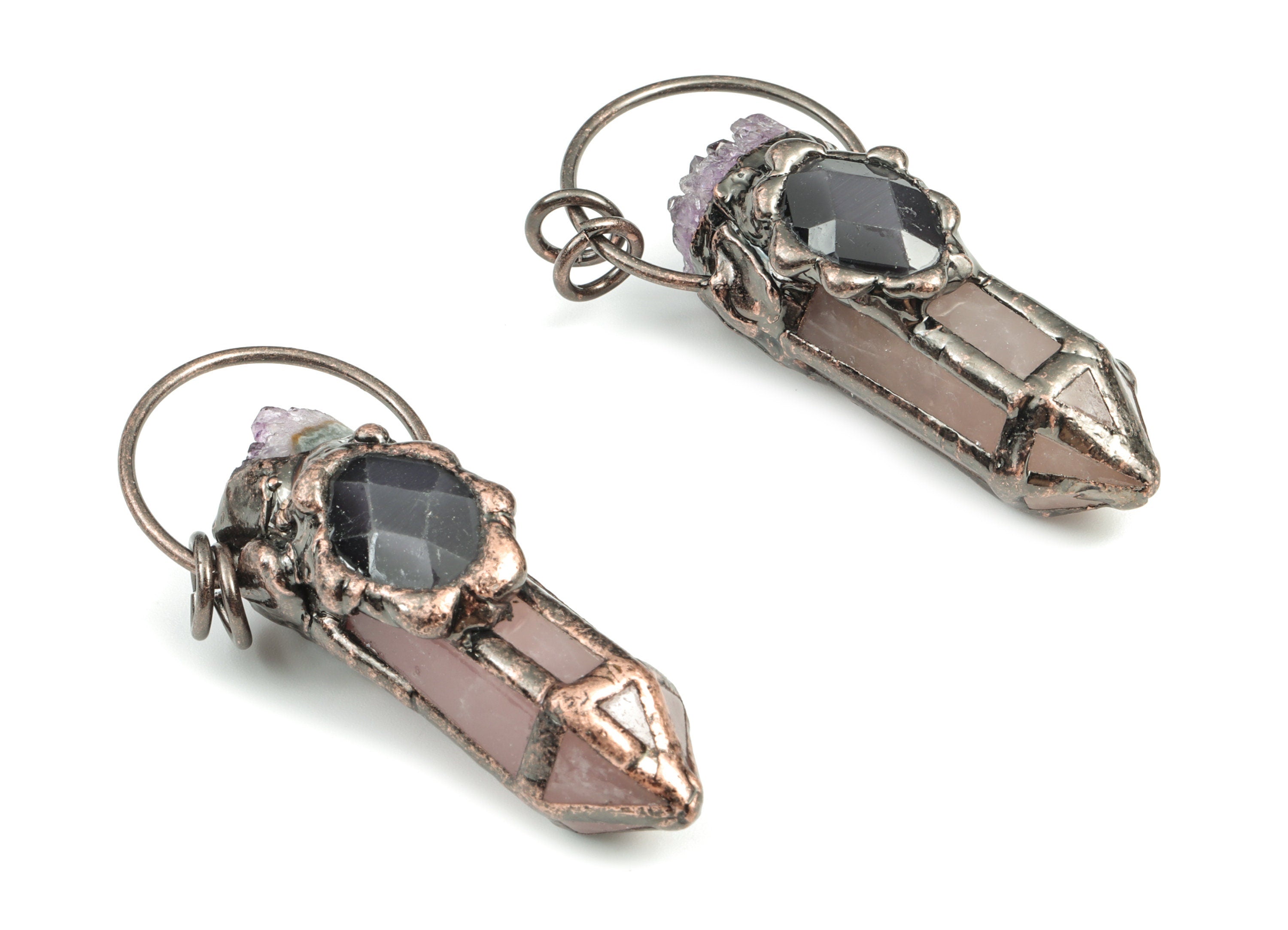 Amethyst Point Pendant – Black Cat Eye Stone and Powder Crystal Charm – Average Size - Jewelry Making –64.58x28.97x21.21mm- NS1291 - DOMEDBAZAAR