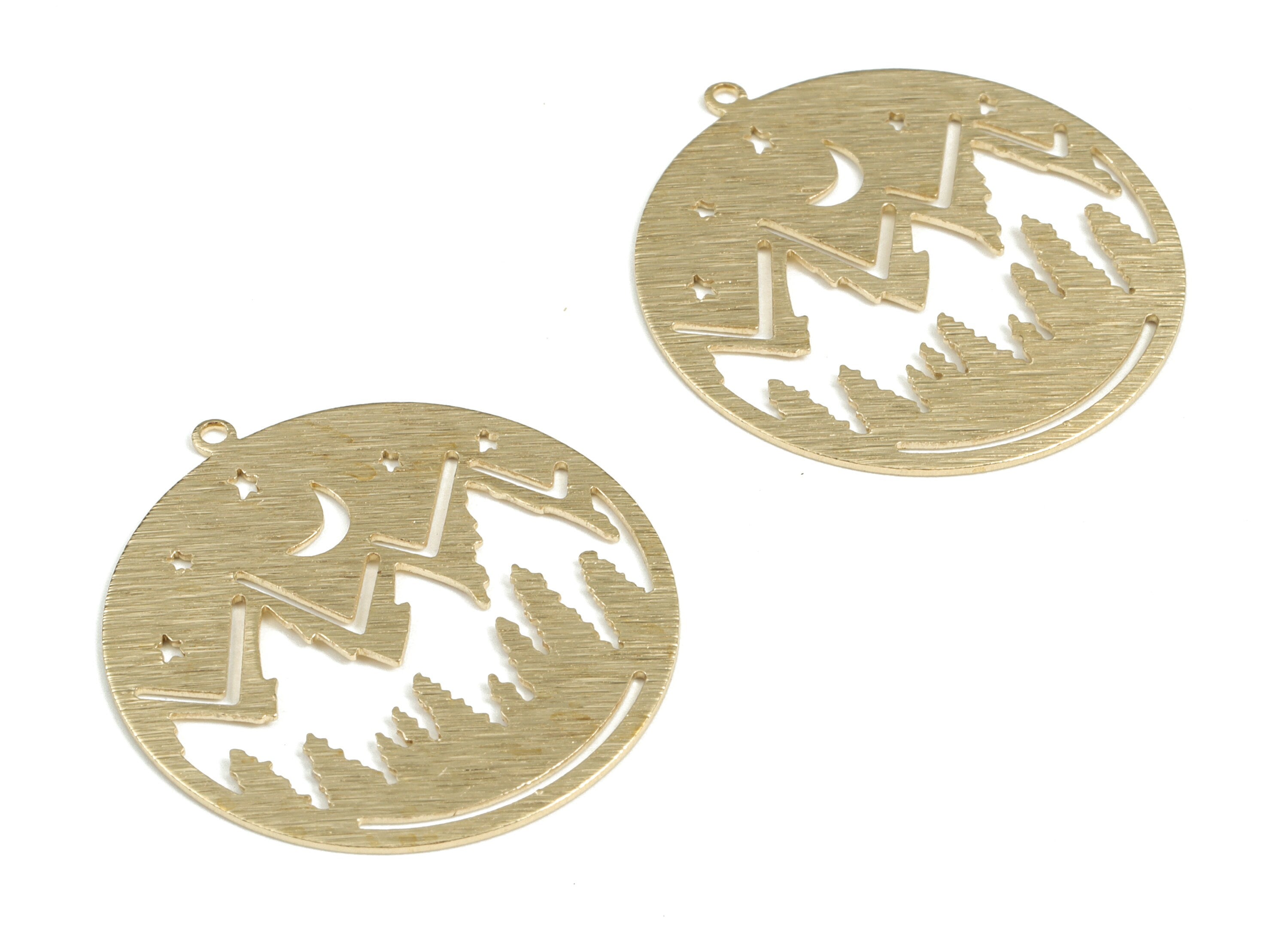 Brass Textured Mountain Moon Stars Earring Charms - Raw Brass Mountain Crescent Pendant - Landscape Circle Charms - 32.3x30.1x0.7mm - PP3810 - DOMEDBAZAAR