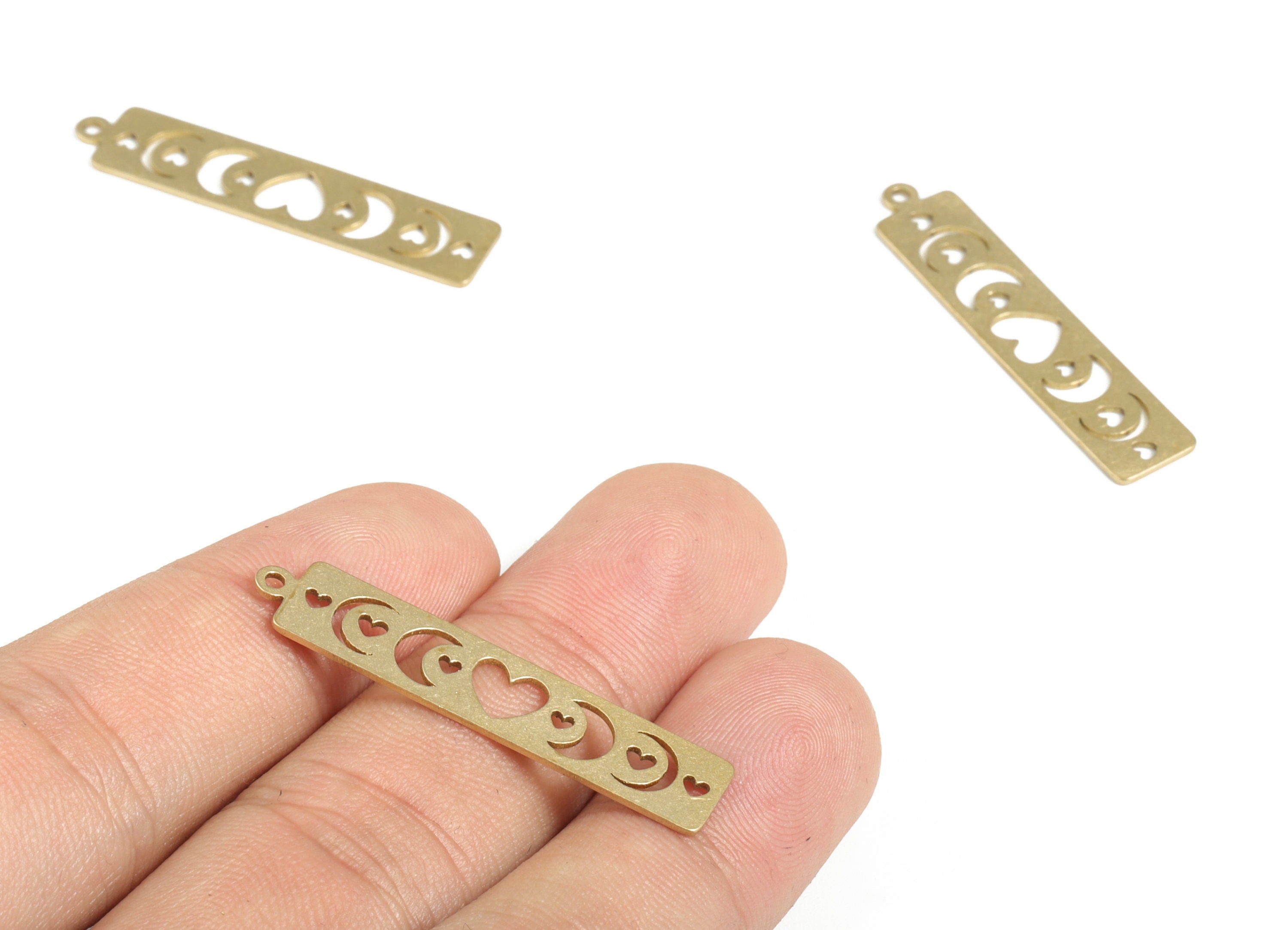 Brass Phases of Moon Earring Charms - Raw Brass Rectangle Heart Pendant - Earring Findings - Jewelry Supplies - 37.84x8.03x0.68mm - PP3766 - DOMEDBAZAAR