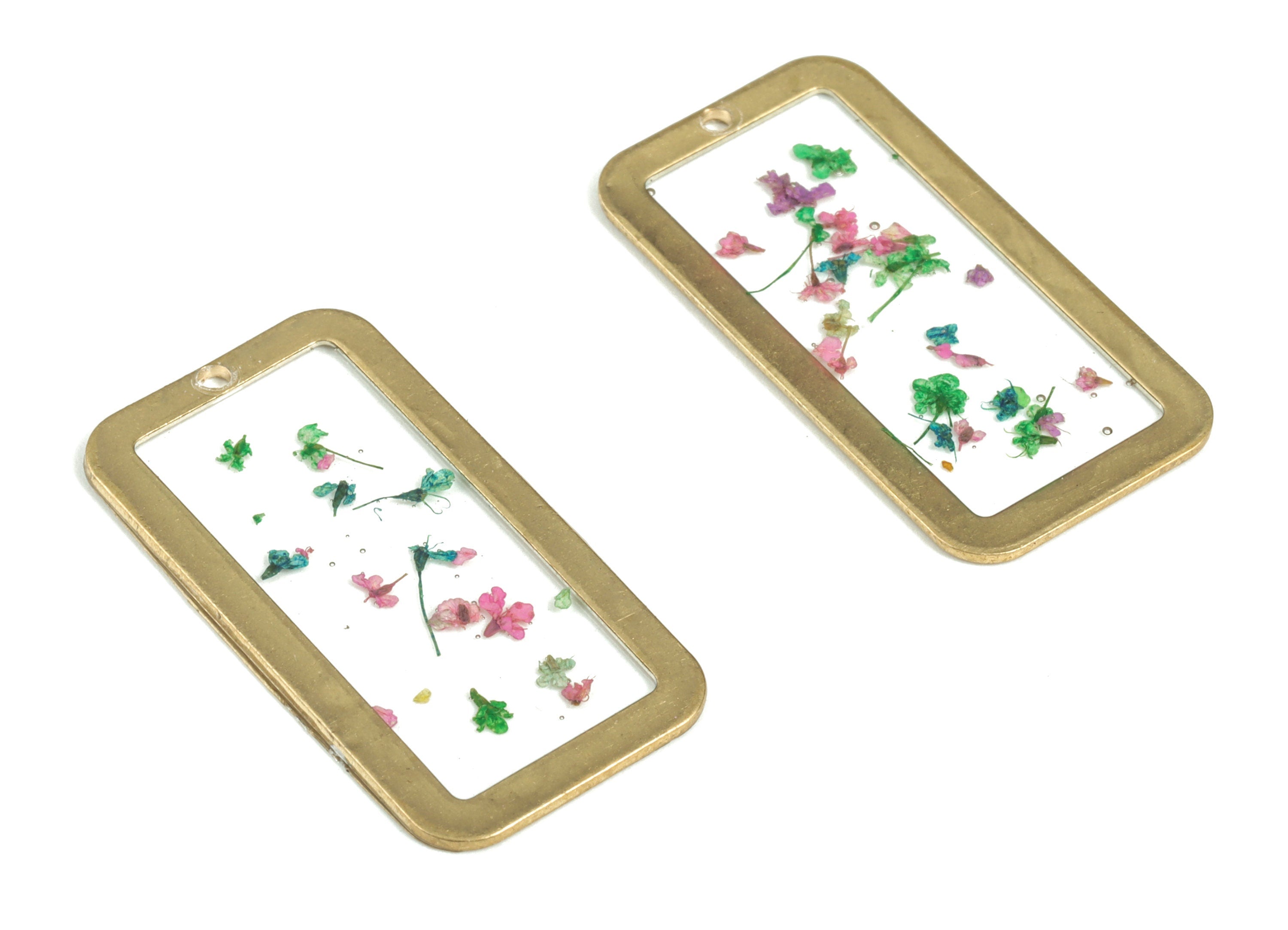 Resin Rectangle Earring Charms - Resin Real Flower Pendant - Raw Brass - Jewelry Making Supplies - 31.05x16.23x0.93mm - RC1164 - DOMEDBAZAAR