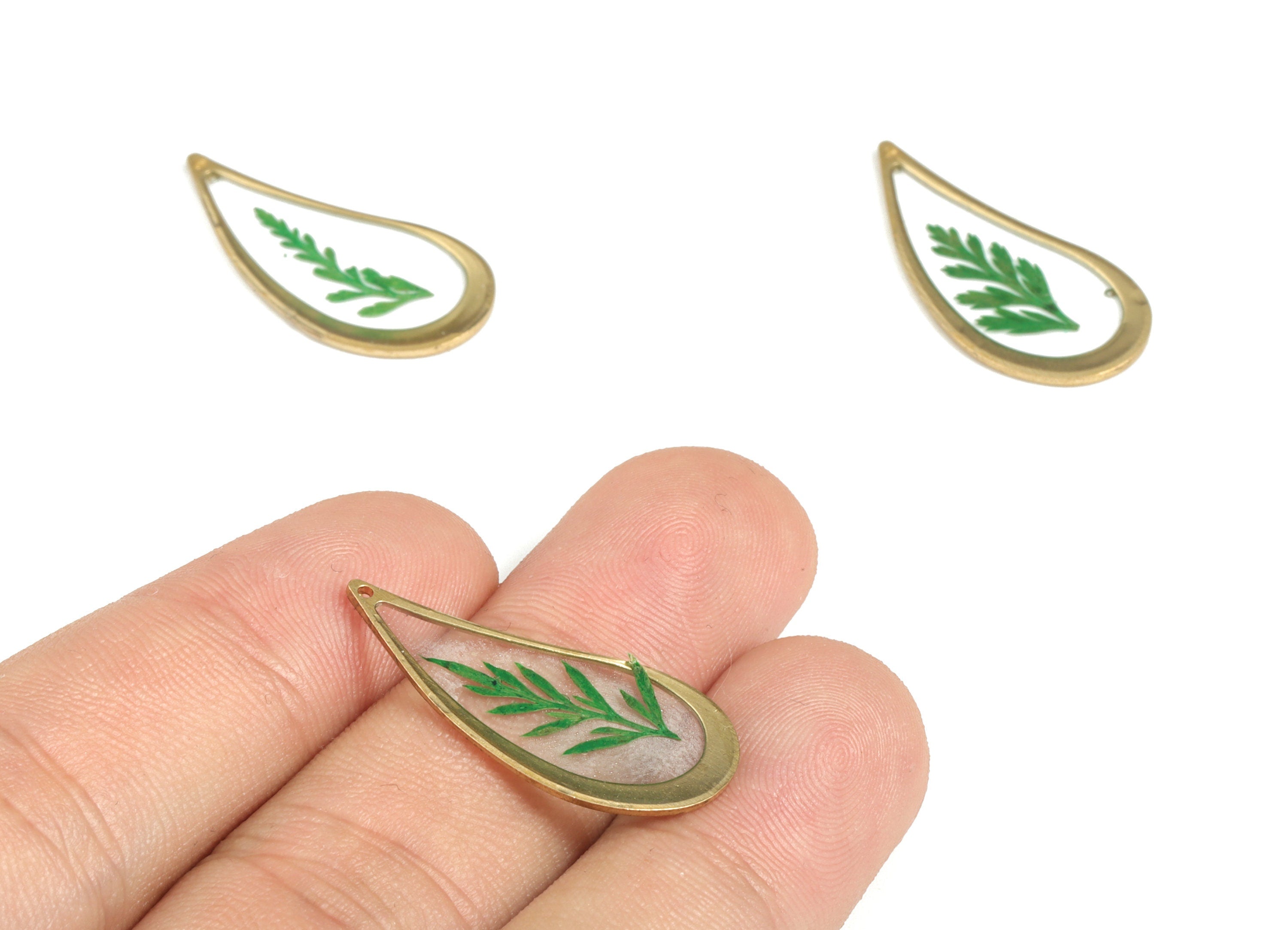 Brass Drop Earring Charms - Resin Real Flower Pendant – Green Leaf Resin Charm – Resin Jewelry Making Charms - 28.8x13.5x1.34mm - RC1163 - DOMEDBAZAAR