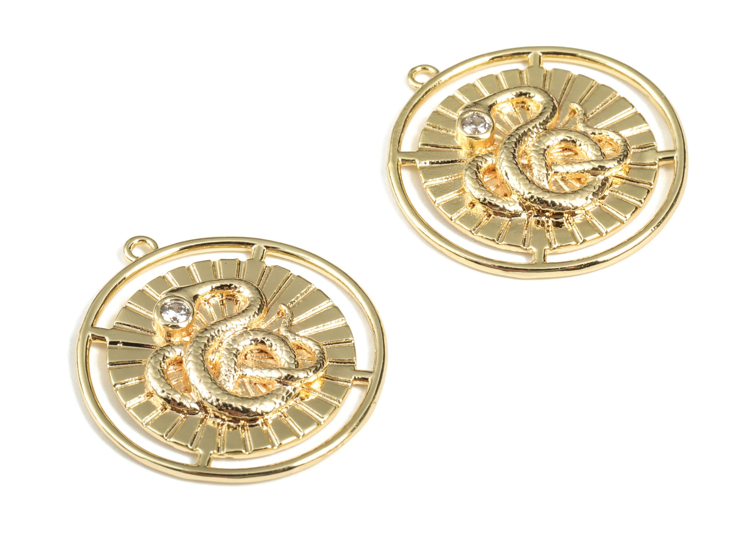 Brass Round Snake Earring Charms With Zircon - 18K Real Gold Plated Brass Circle Snake Pendant - Jewelry Supplies – 25.41x23x2.8mm - RGP2842 - DOMEDBAZAAR