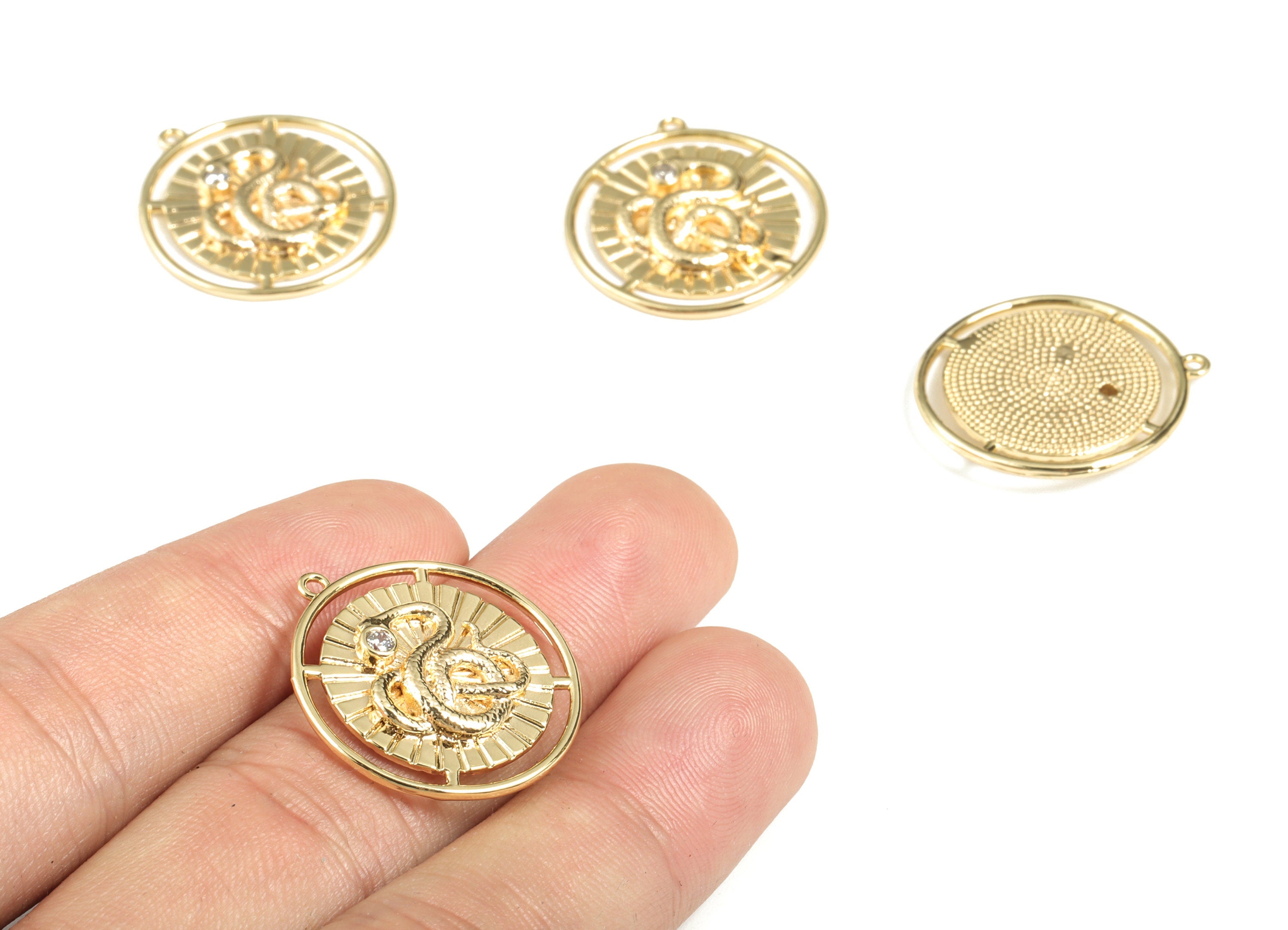 Brass Round Snake Earring Charms With Zircon - 18K Real Gold Plated Brass Circle Snake Pendant - Jewelry Supplies – 25.41x23x2.8mm - RGP2842 - DOMEDBAZAAR