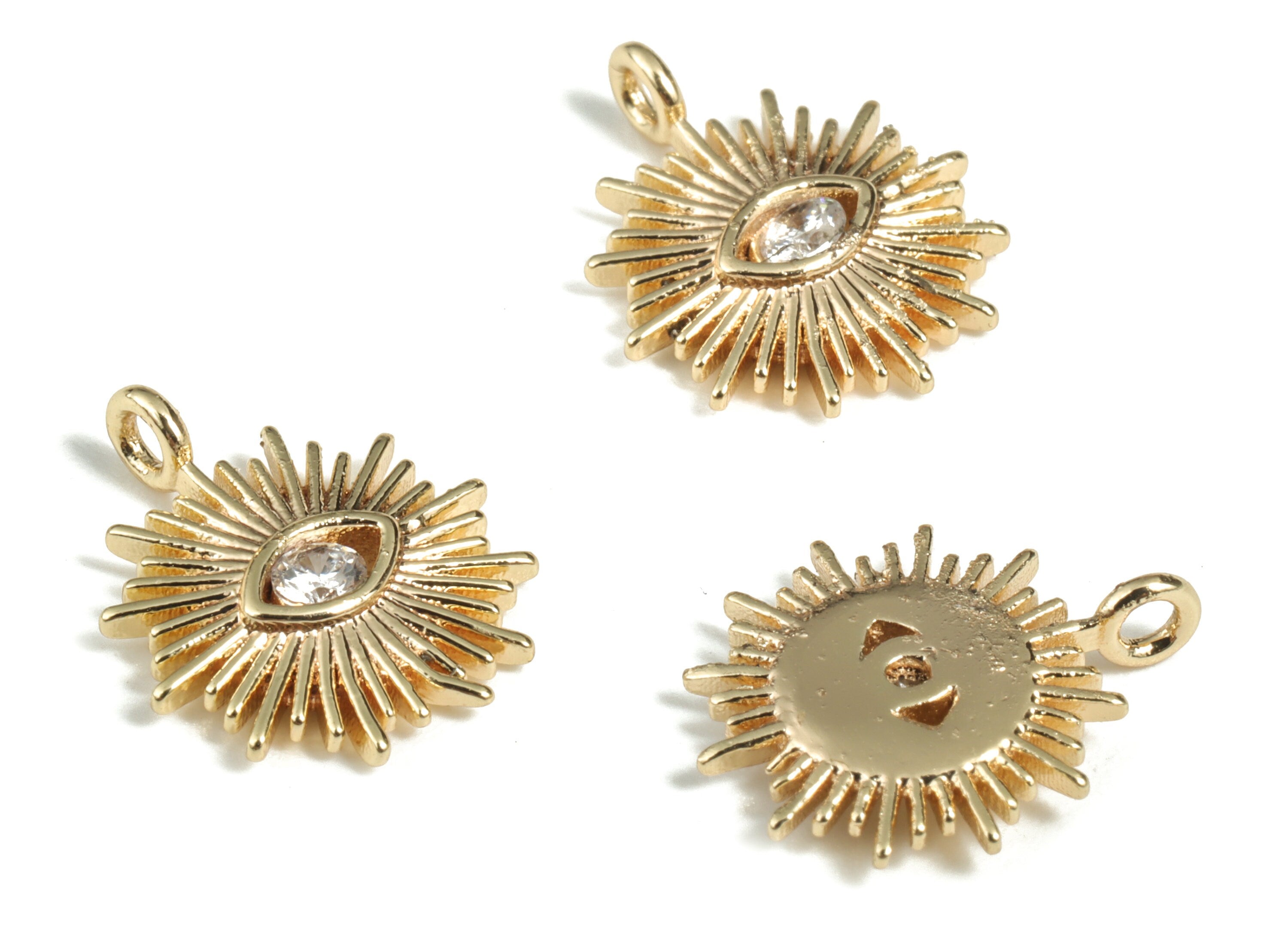 Brass Sun Eye Earring Charms With Zircon – Gold Sun Eye Pendant – 18K Real Gold Plated Brass – Jewelry Supplies - 14.57x11.58x2mm – RGP2850 - DOMEDBAZAAR