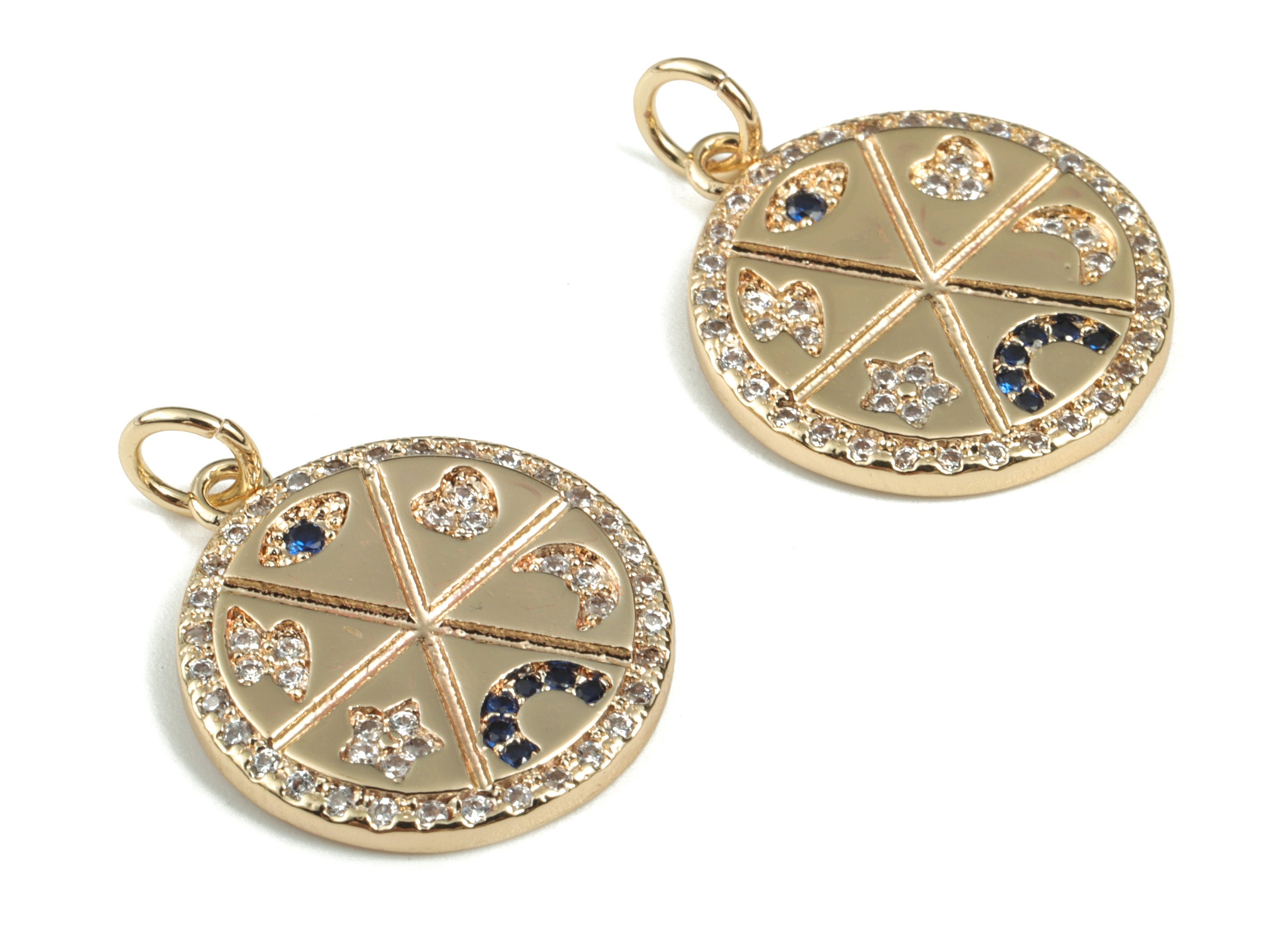 Brass Round Eye Earring Charms With Zircon – Gold Circle Eye Pendant - 18K Real Gold Plated Brass – 22.31x17.07x2.05mm - RGP2851 - DOMEDBAZAAR