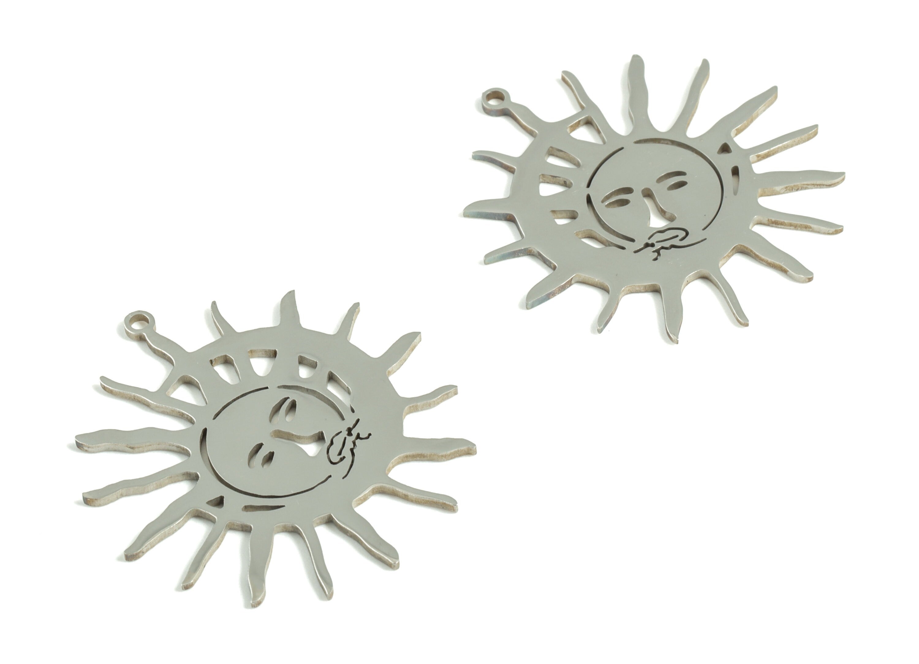 Stainless Steel Crescent Sun Faces Earring Charms - Stainless Steel Moon Sun Pendant - Jewelry Making Supplies - 32.05x29.83x1.06mm - SS1181 - DOMEDBAZAAR