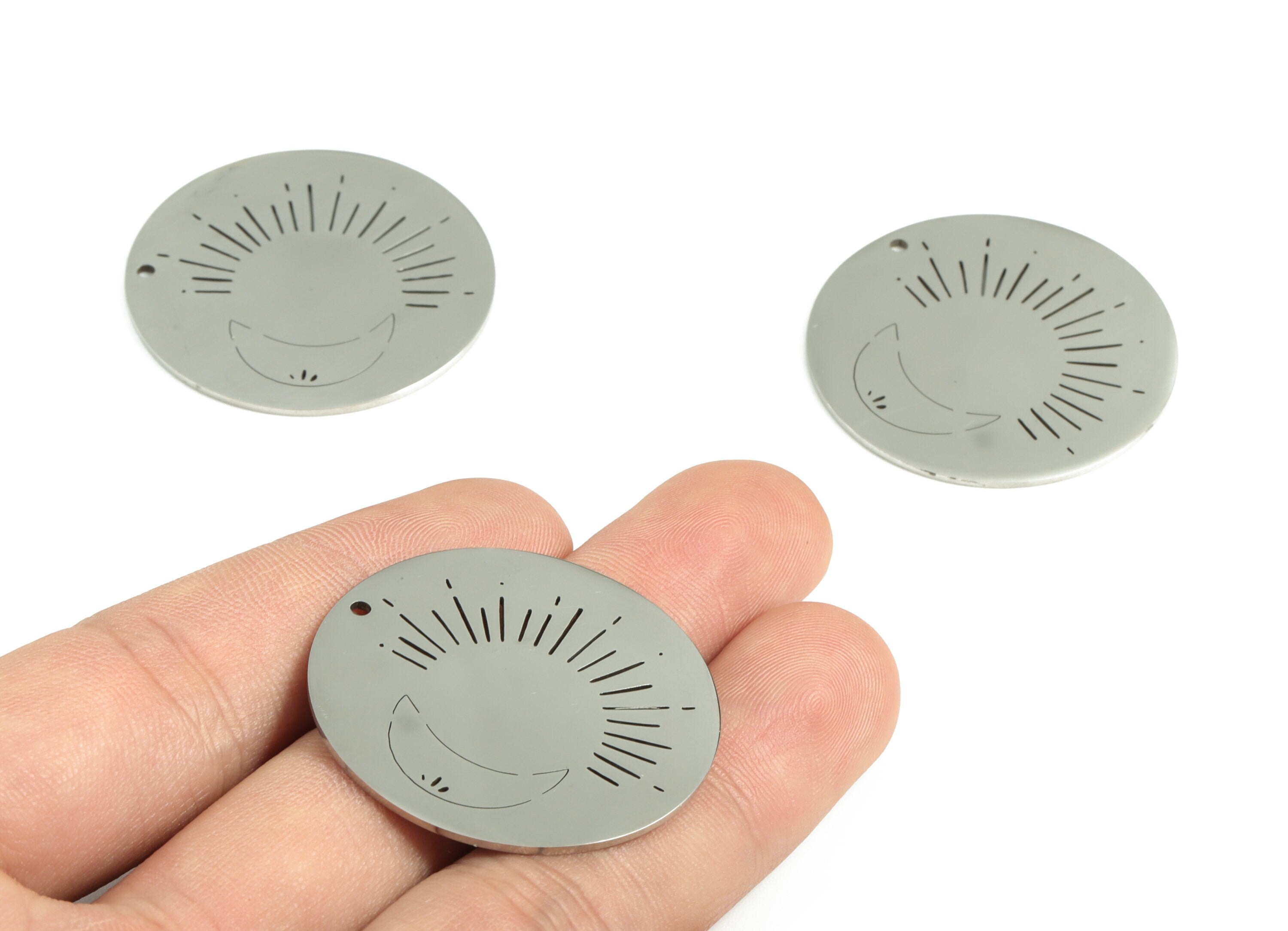 Stainless Steel Round Sun Crescent Earring Charms - Stainless Steel Circle Sun Moon Pendant - Jewelry Supplies - 34.94x34.94x1.03mm - SS1196 - DOMEDBAZAAR