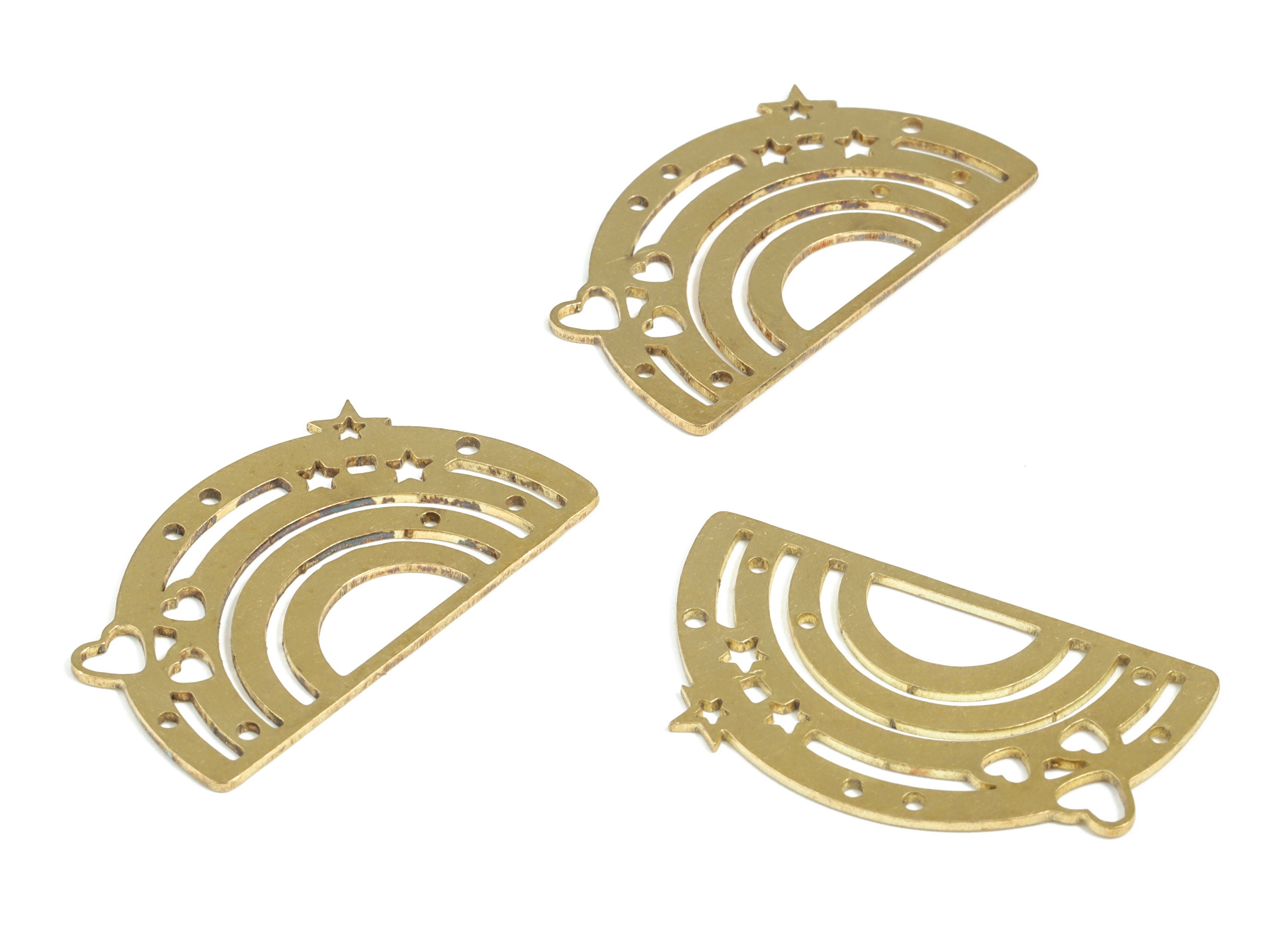 Brass Semi circle Stars Earring Charms - Raw Brass Half Moon Hearts Pendant - Jewelry Making Supplies - 34.92x19.92x0.77mm - PP3934 - DOMEDBAZAAR