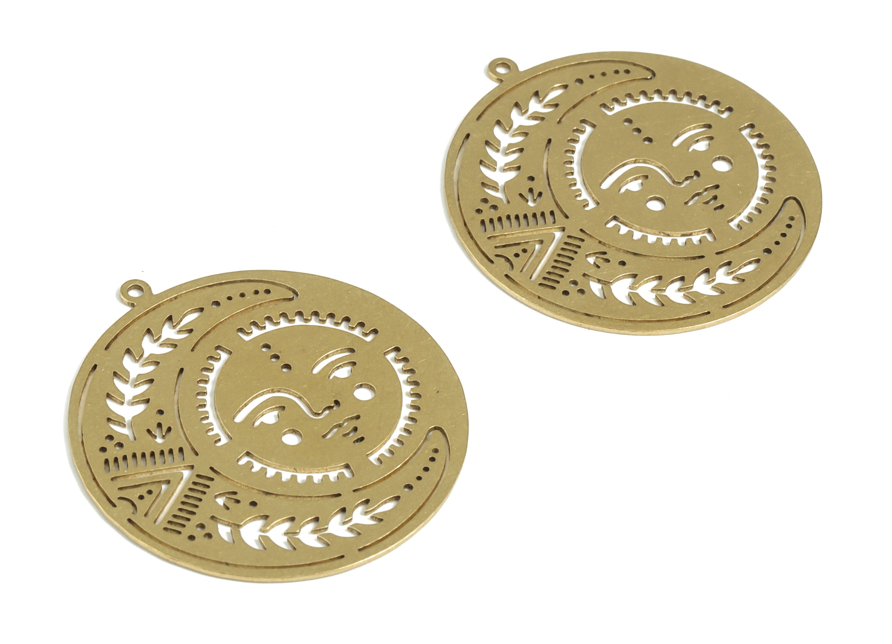 Brass Round Moon Earring Charms - Raw Brass Circle Face Branch Pendant – DIY Jewelry Making Supplies - 34.97x34.97x0.9mm - PP3953 - DOMEDBAZAAR