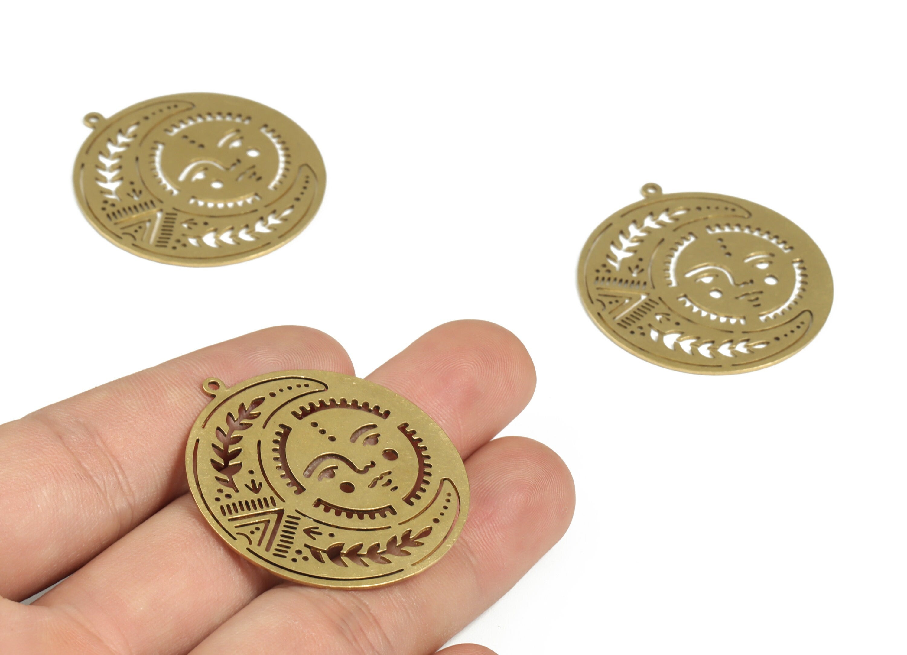 Brass Round Moon Earring Charms - Raw Brass Circle Face Branch Pendant – DIY Jewelry Making Supplies - 34.97x34.97x0.9mm - PP3953 - DOMEDBAZAAR