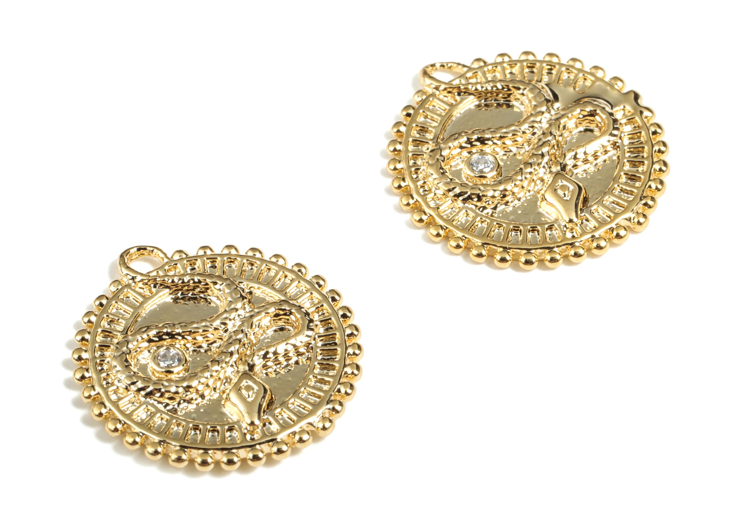 Brass Round Snake Earring Charms With Zircon - Gold Circle Snake Pendant - 18K Real Gold Plating - 17.86x16.65x1.88mm - RGP2870 - DOMEDBAZAAR