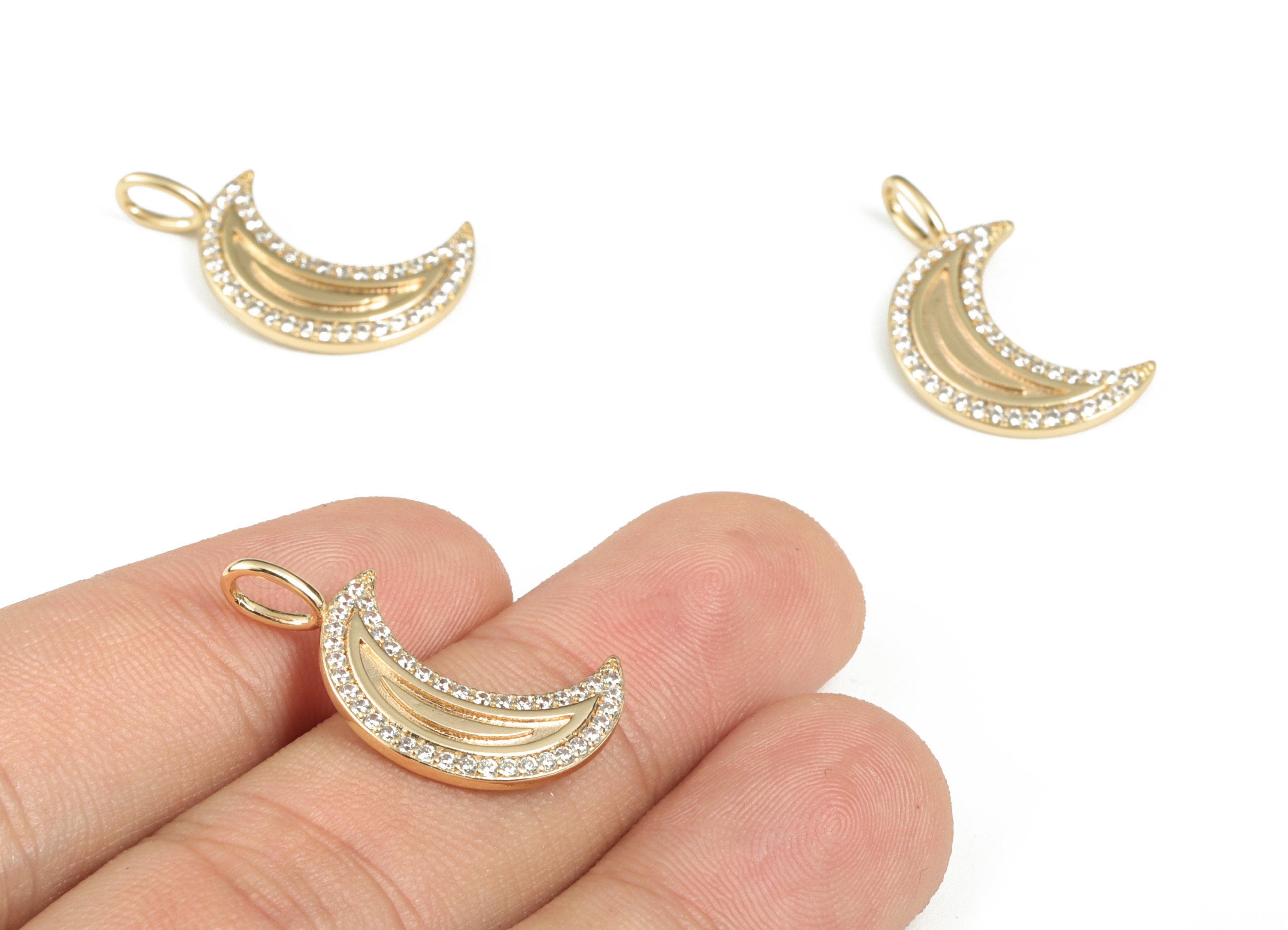 Brass Zircon Crescent Moon Pendant – Moon Charms -18K Real Gold Plated Brass Charm – Jewelry Making Supplies - 25.59x14.4x1.56mm – RGP2843 - DOMEDBAZAAR