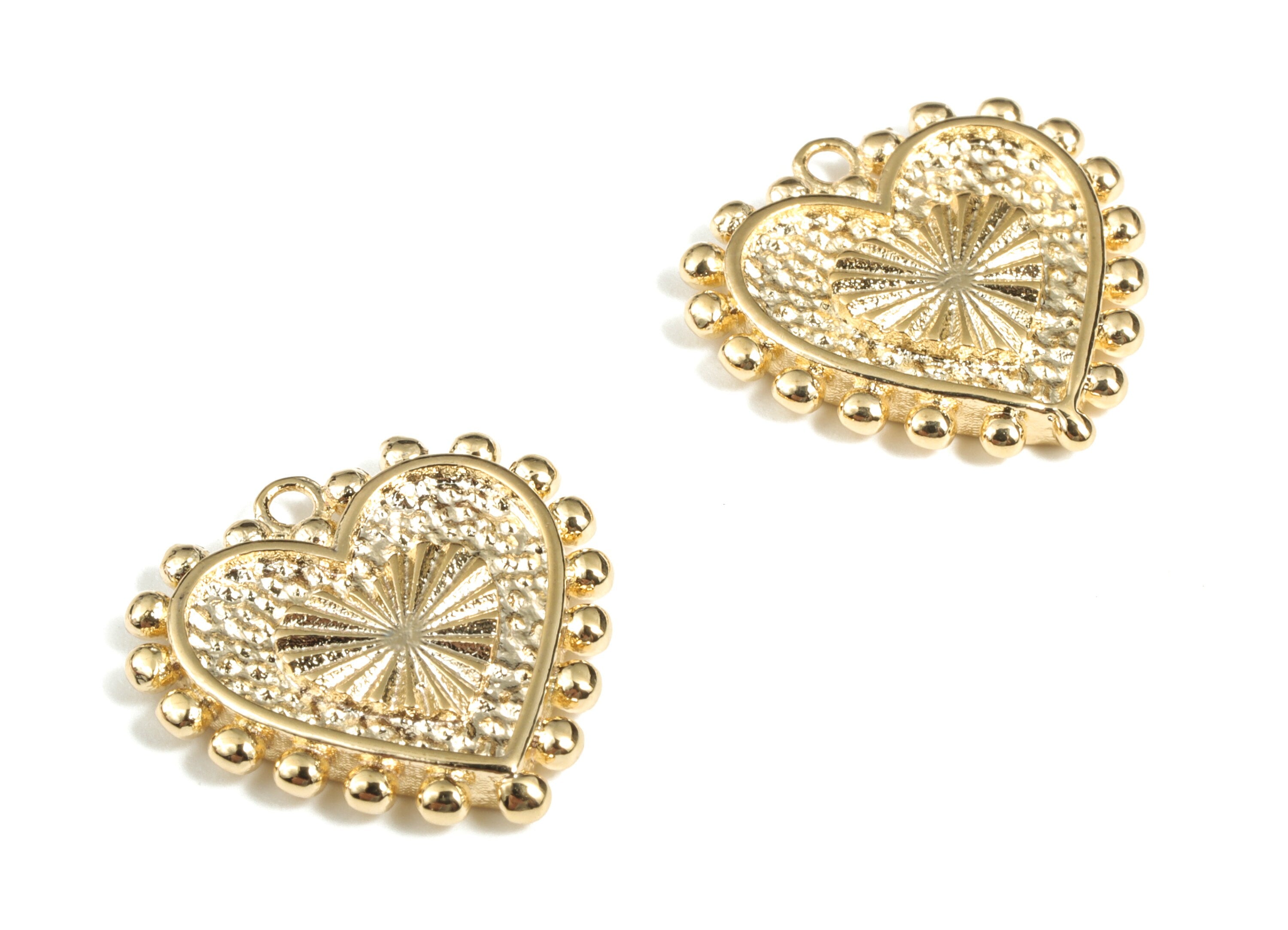Love Heart Pendant Earring Charms – Granulated Dot Detail Heart Pendant – 18k Real Gold Plated Brass – 17.84x17.69x2.63mm – RGP2845 - DOMEDBAZAAR