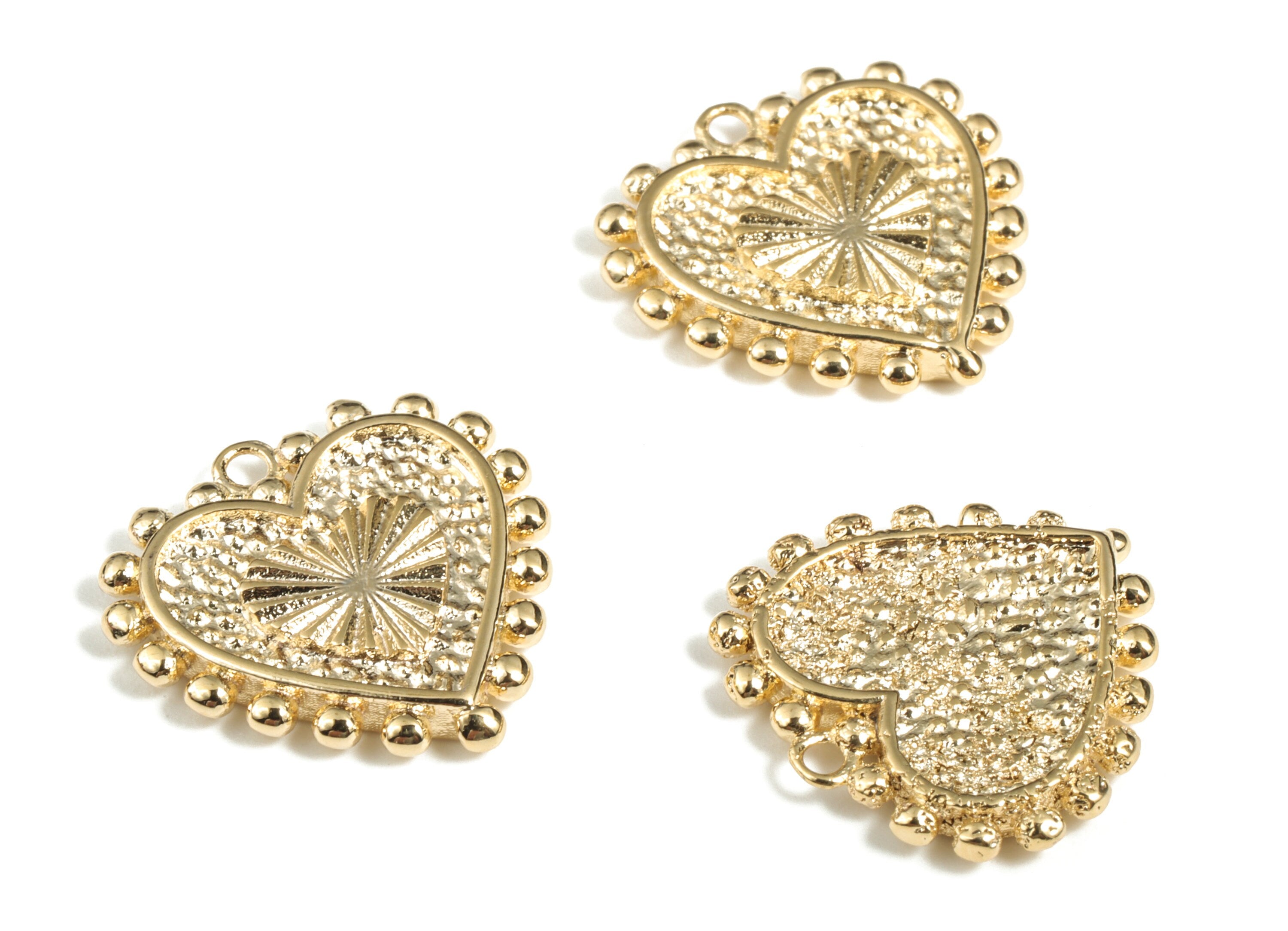 Love Heart Pendant Earring Charms – Granulated Dot Detail Heart Pendant – 18k Real Gold Plated Brass – 17.84x17.69x2.63mm – RGP2845 - DOMEDBAZAAR
