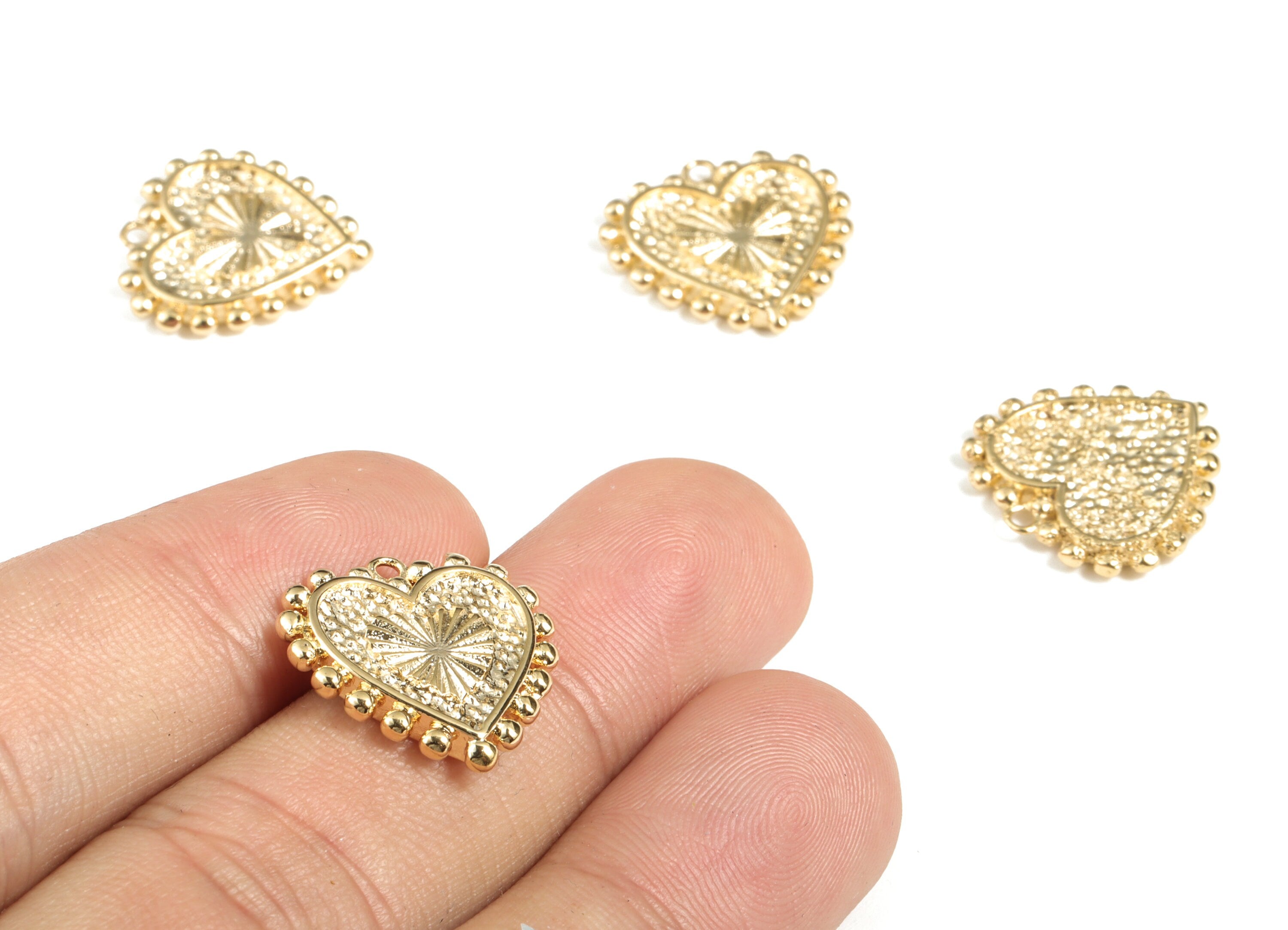 Love Heart Pendant Earring Charms – Granulated Dot Detail Heart Pendant – 18k Real Gold Plated Brass – 17.84x17.69x2.63mm – RGP2845 - DOMEDBAZAAR