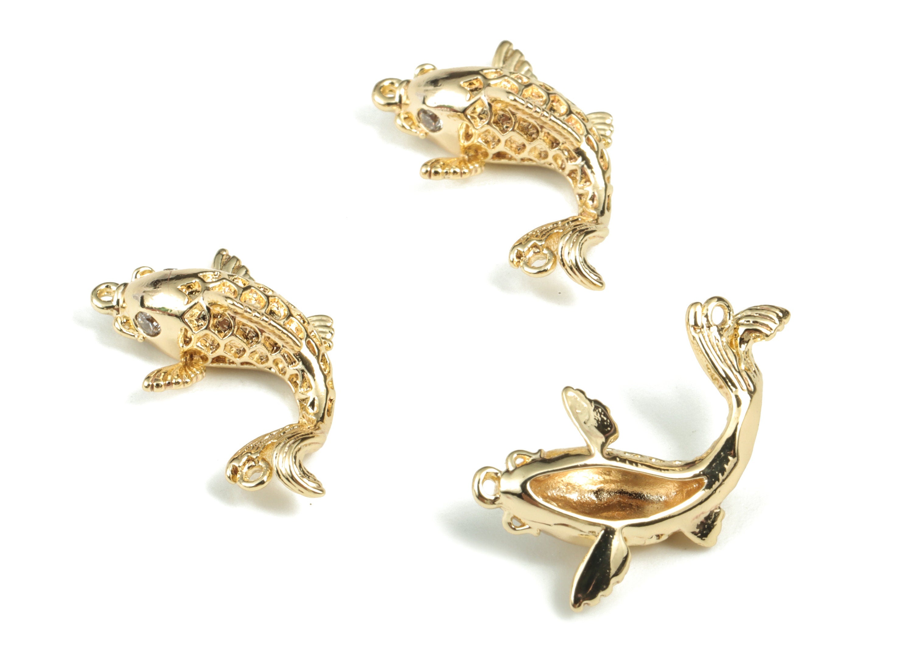 Brass Fish Earring Connector With Zircons - 18K Real Gold Plated Fish Charms – Fish Bracelet Charm – 18.45x10.27x4.93mm – RGP2846 - DOMEDBAZAAR