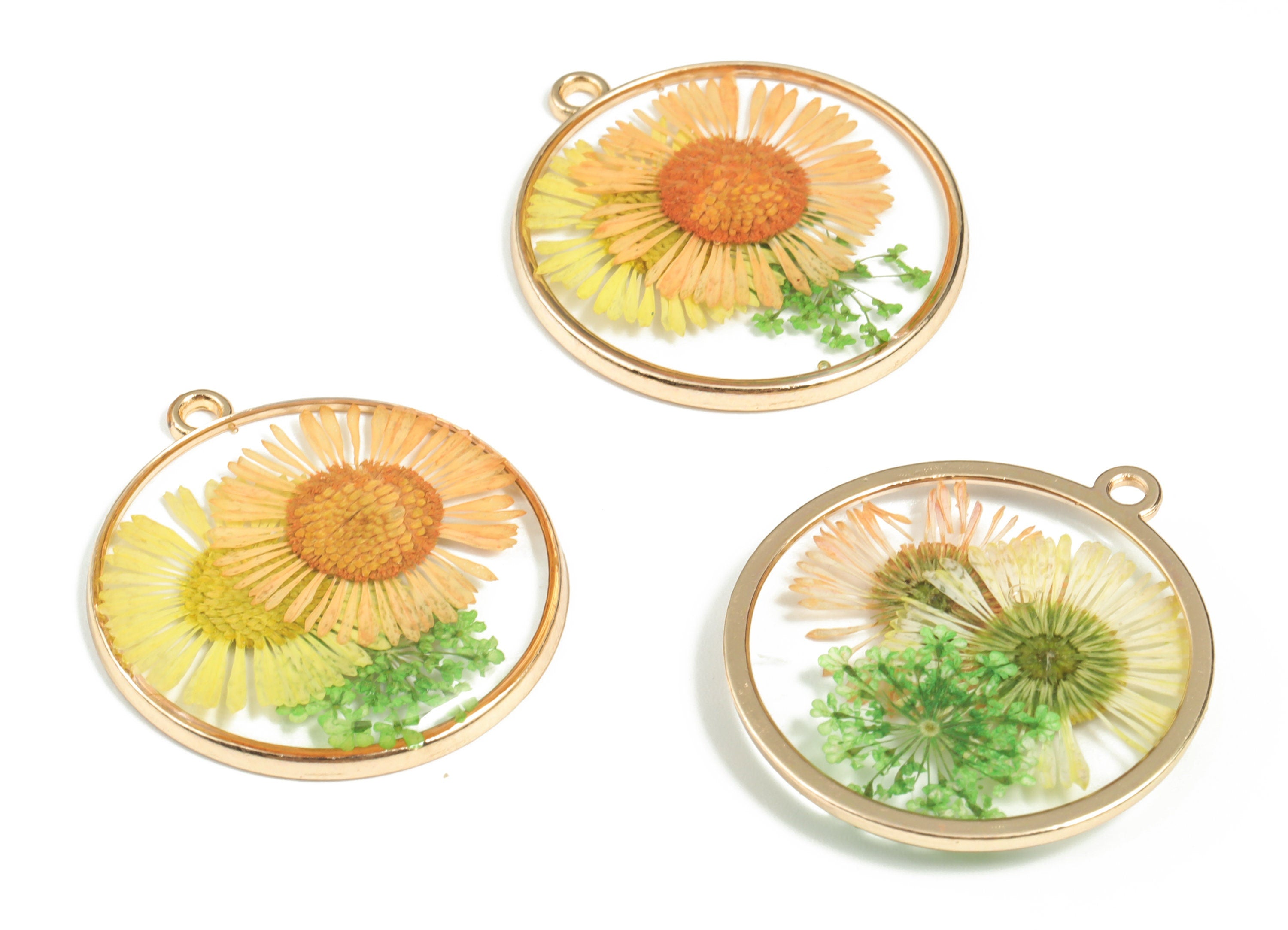 Resin Round Earring Charms - Resin Real Flower Pendant - Gold Tone Plated Alloy - Jewelry Making Supplies - 32.89x29.58x3.25mm - RC1173 - DOMEDBAZAAR