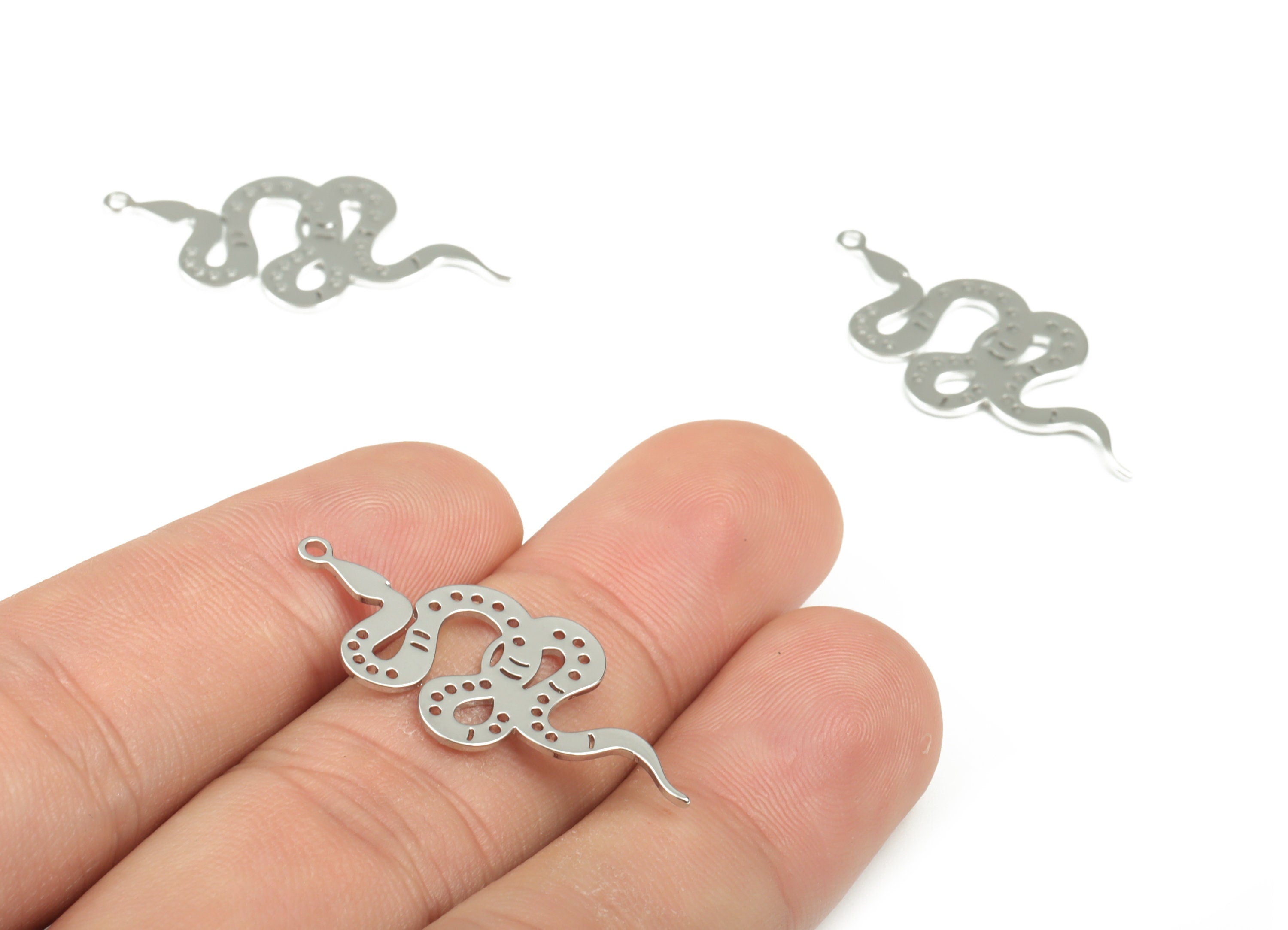 Brass Snake Earring Charms - 18K Real White Gold Plated Brass Snake Pendant - Jewelry Making Supplies - 32.58x14.29x0.73mm - RGP2964S - DOMEDBAZAAR
