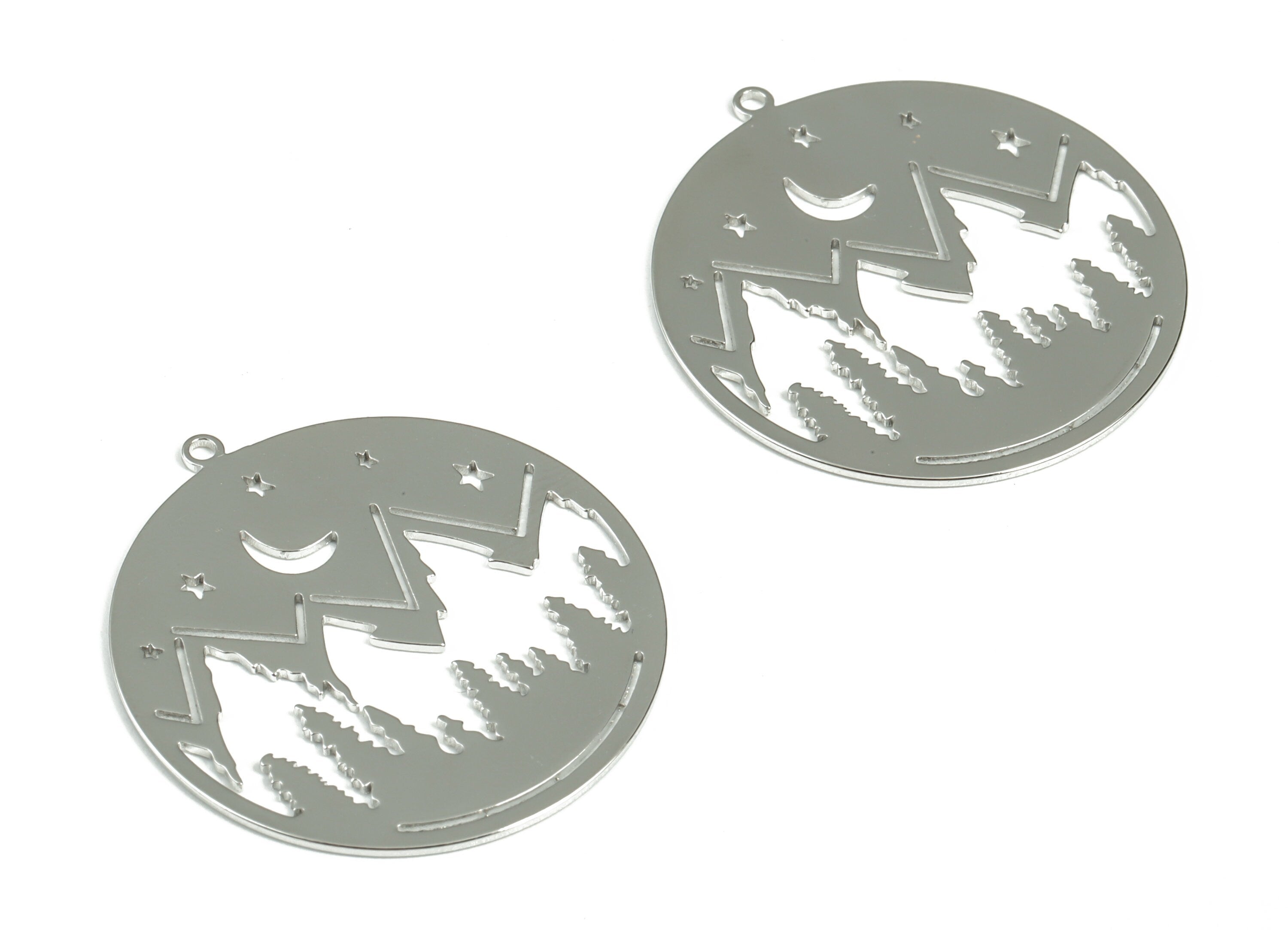 Brass Mountain Moon Stars Earring Charms - 18K Real White Gold Plated - Brass Mountain Crescent Pendant - 32.22x30.09mx0.7mm - RGP2960S - DOMEDBAZAAR
