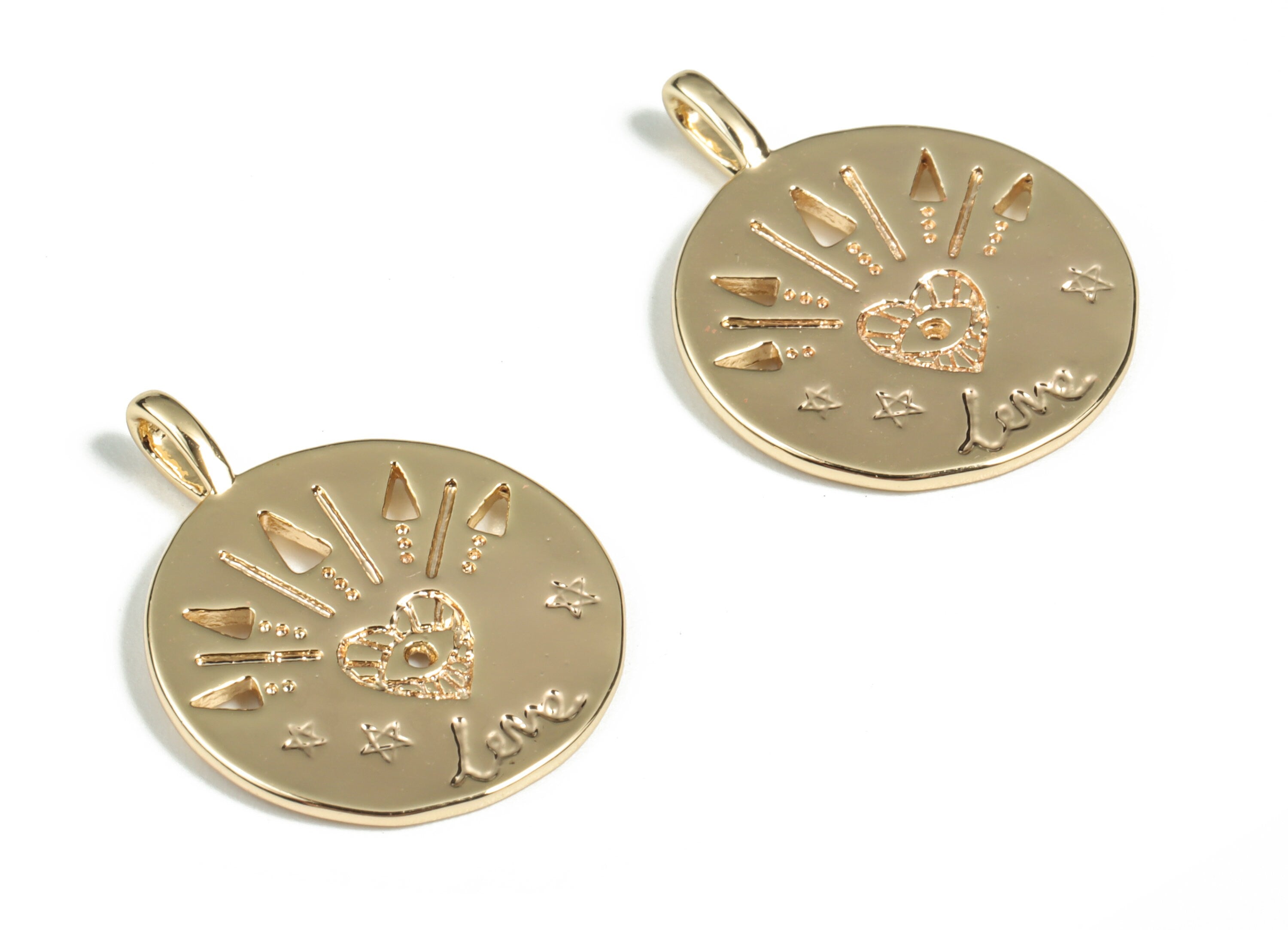Brass Round Star Earring Charms - Gold Heart Eye Pendant - 18K Real Gold Plated Brass - Jewelry Supplies - 23.24x18.35x1.12mm - RGP2929 - DOMEDBAZAAR