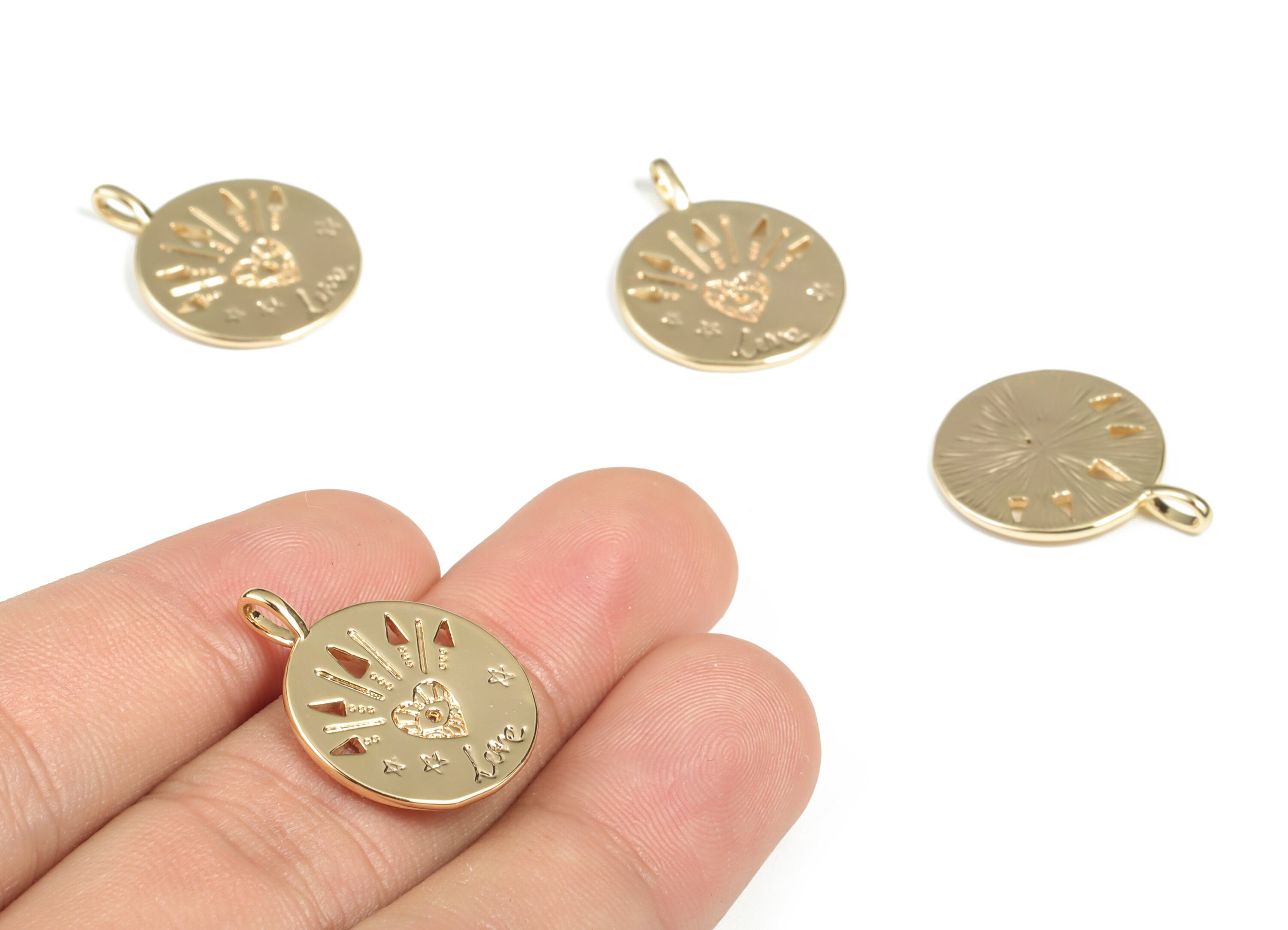 Brass Round Star Earring Charms - Gold Heart Eye Pendant - 18K Real Gold Plated Brass - Jewelry Supplies - 23.24x18.35x1.12mm - RGP2929 - DOMEDBAZAAR