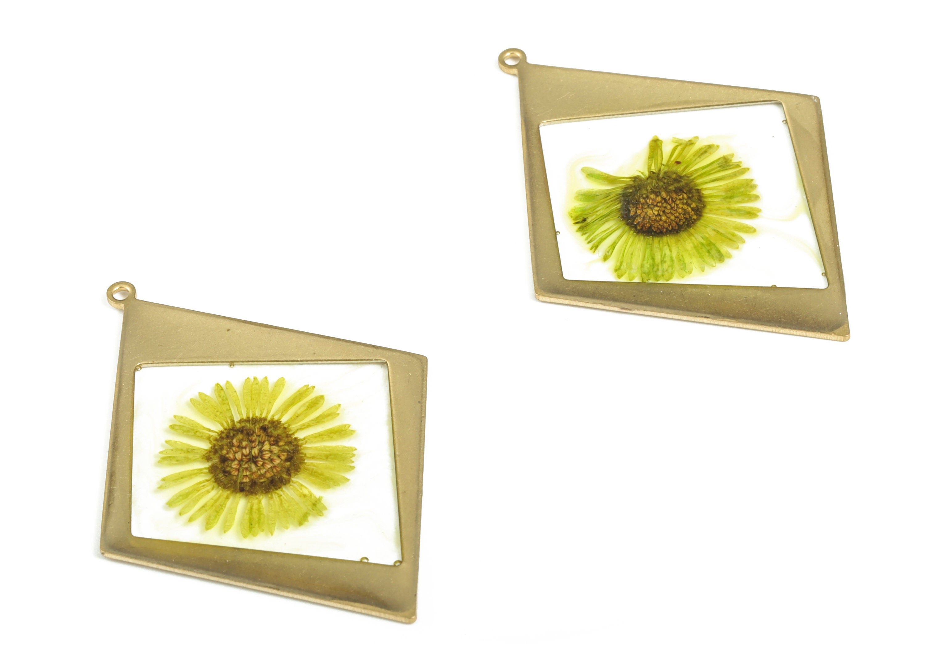 Resin Diamond Earring Charms - Resin Real Flower Pendant - Raw Brass - Jewelry Making Supplies - 41.52x29.96x1.67mm - RC1147 - DOMEDBAZAAR