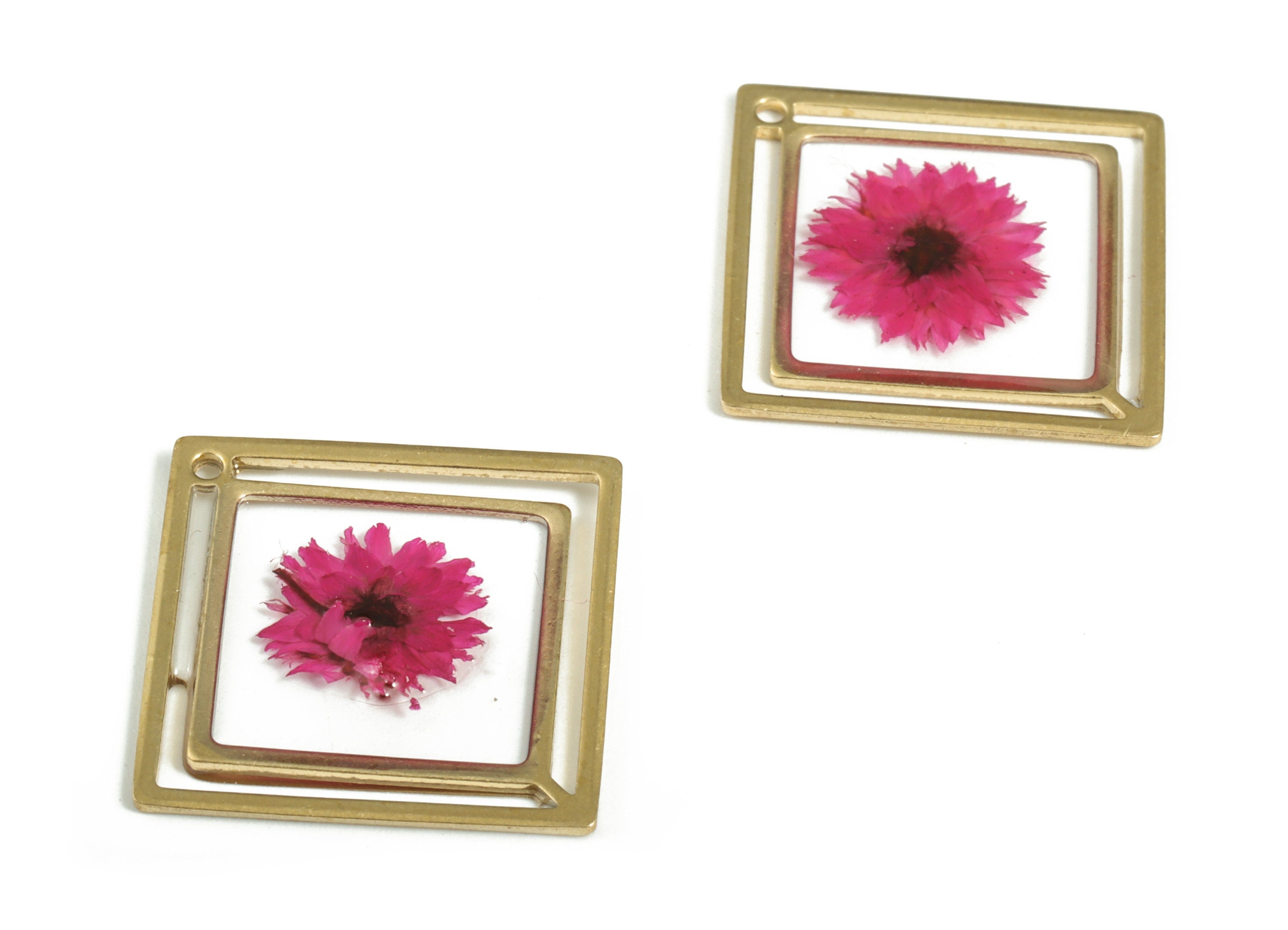 Resin Square Earring Charms - Resin Real Flower Pendant – Pink Flower Resin Pendant - Raw Brass Jewelry Charms - 28.5x28.45x2.07mm - RC1151 - DOMEDBAZAAR