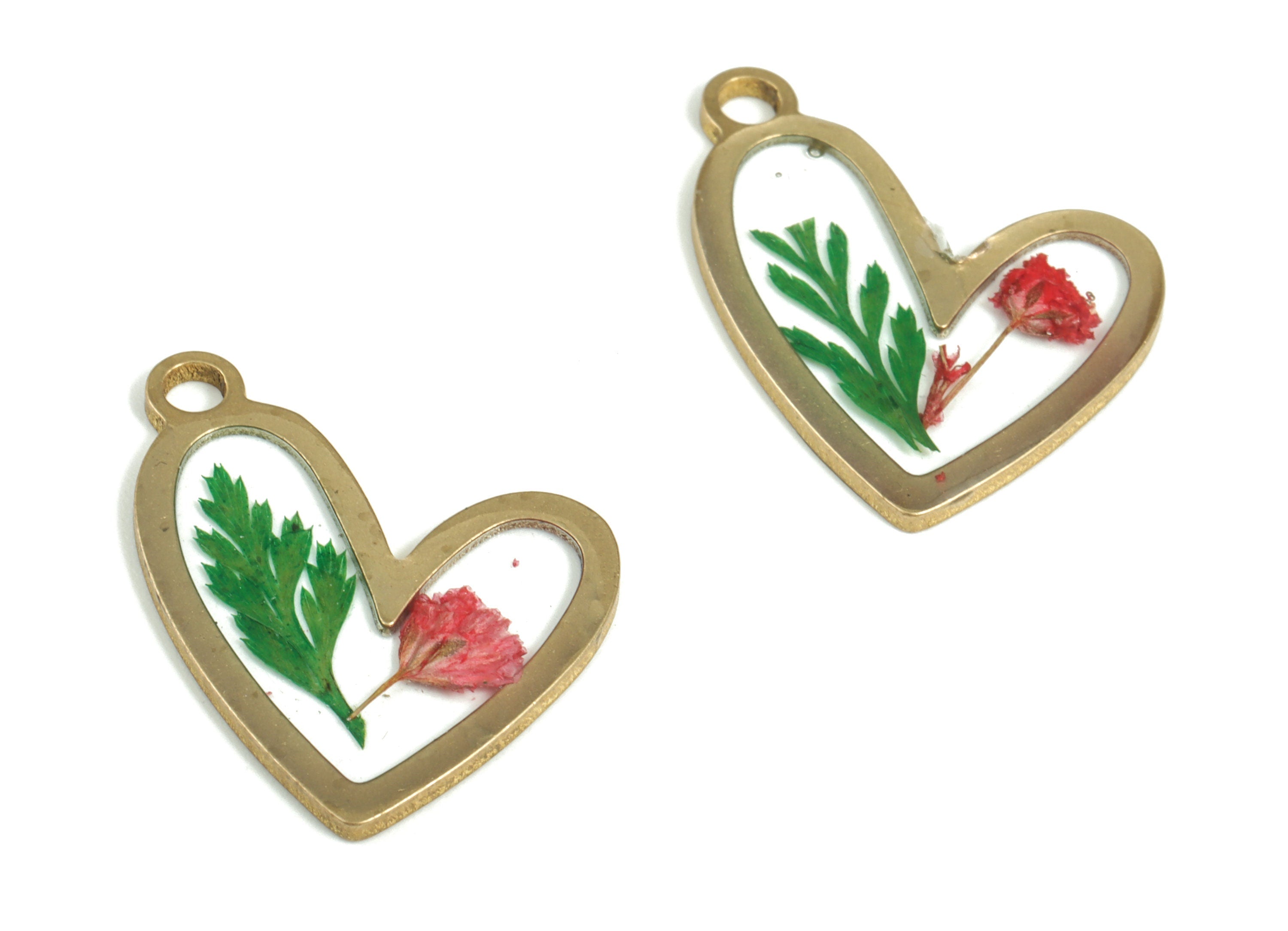 Resin Heart Earring Charms - Resin Real Flower Pendant - Raw Brass Charm - Red Flower Charm - Jewelry Supplies - 24.92x20.57x1.91mm - RC1149 - DOMEDBAZAAR