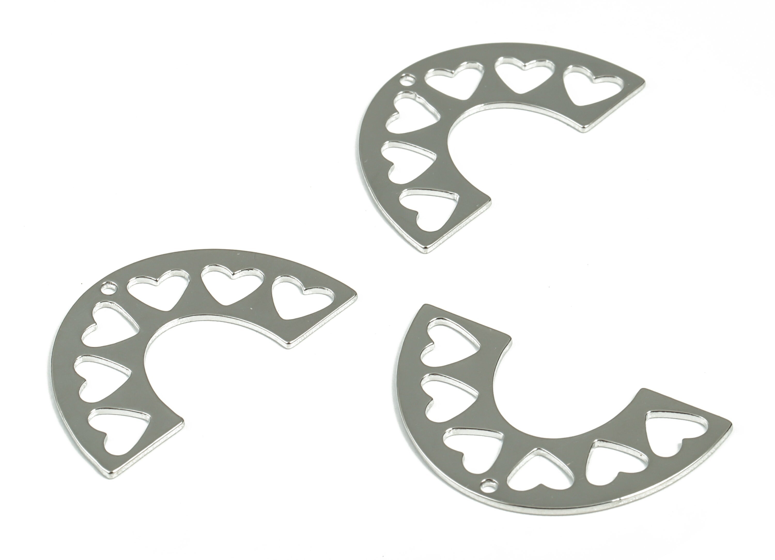 Brass Half Moon Hearts Earring Charms - 18K Real White Gold Plated - Brass Semi Circle Heart Pendant - 30.05x17.73x0.73mm - RGP2959S - DOMEDBAZAAR