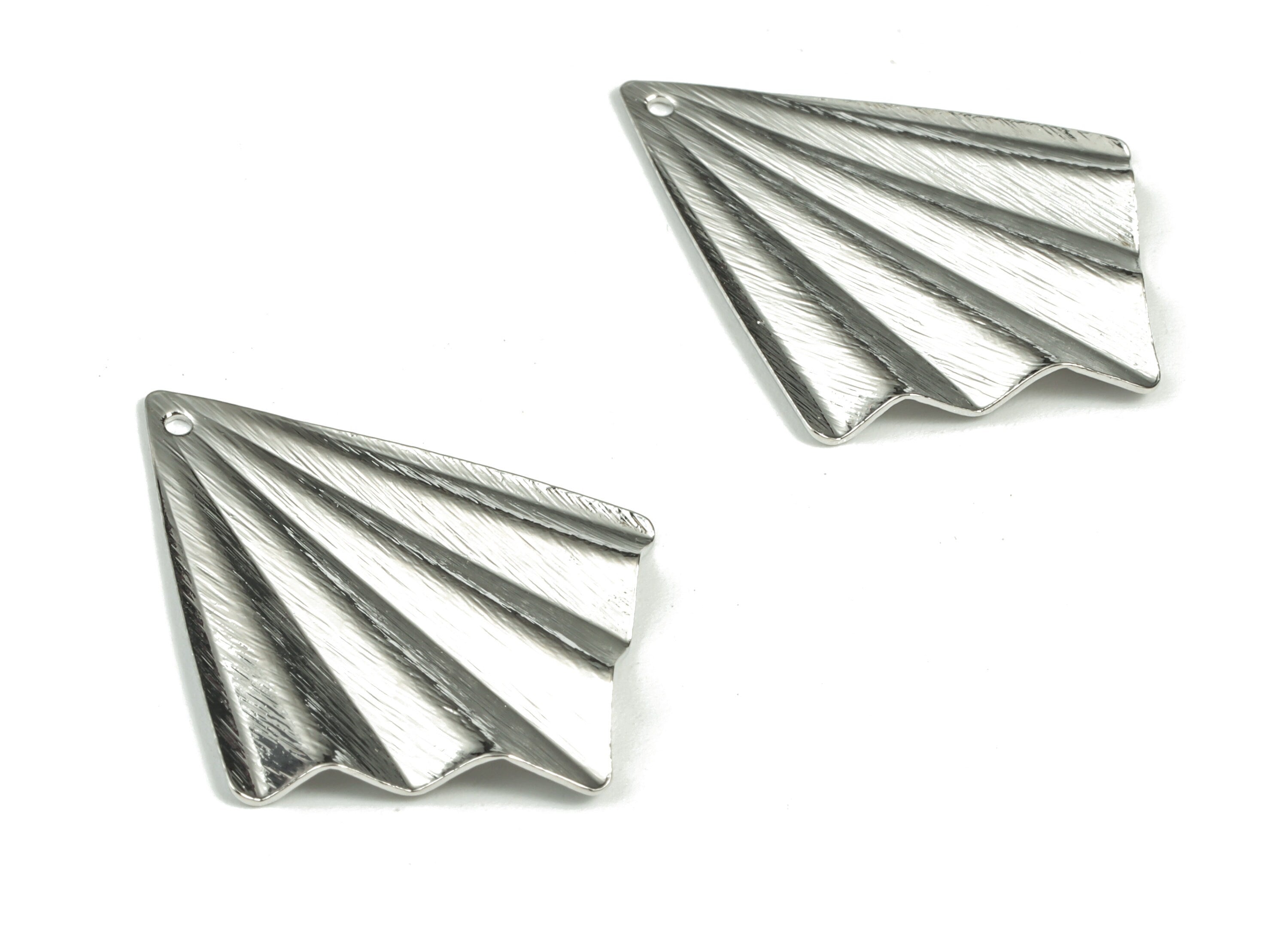 Brass Textured Fan Earring Charms - 18K Real White Gold Plated - Brass Fan Pendant - Jewelry Making Supplies - 35.03x27.3x2.37mm - RGP2961S - DOMEDBAZAAR