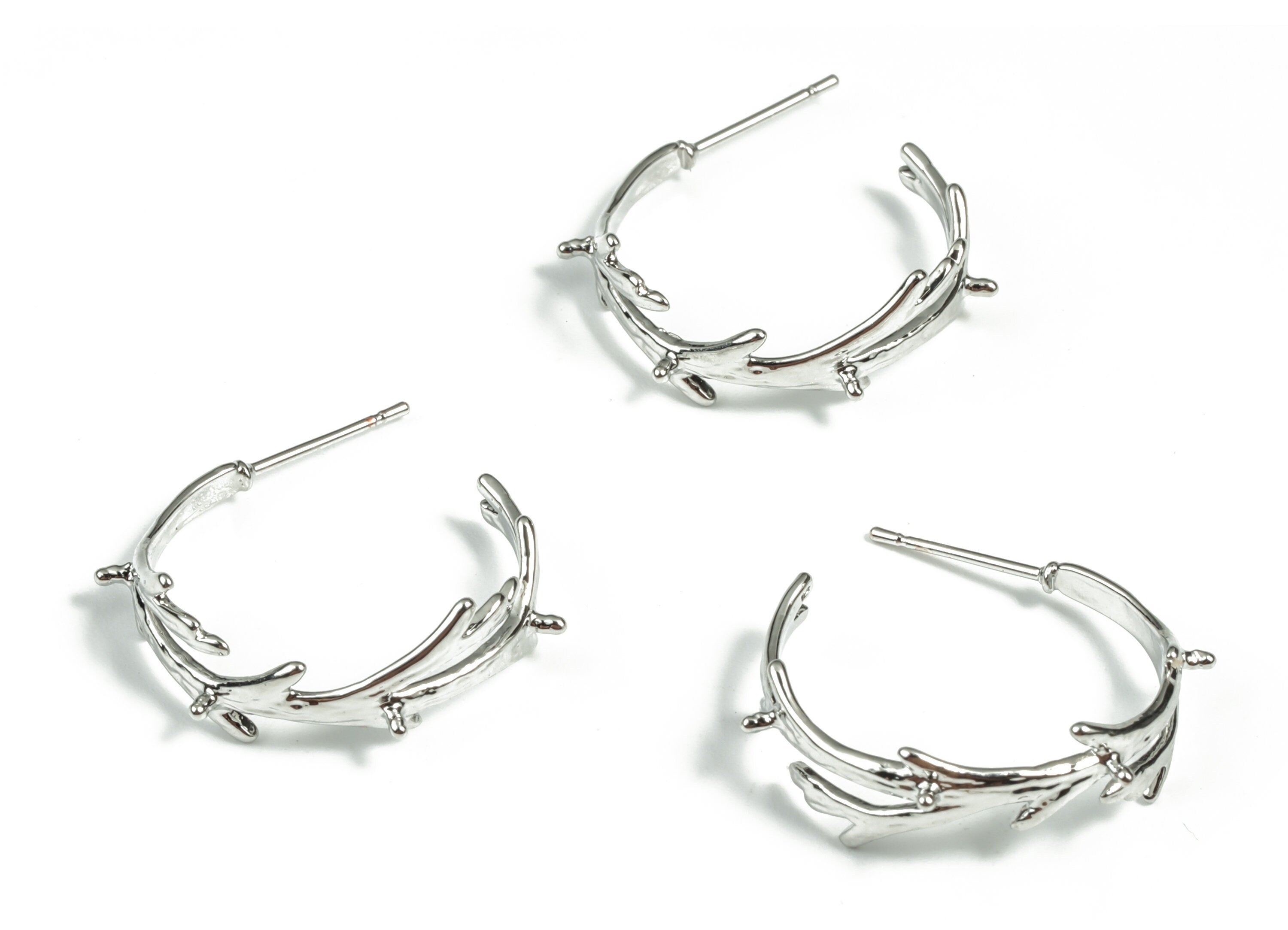 Silver C Branch Earring Stud - 18K Real White Gold Plating C Branch Earring Post - 316 Surgical Stainless Stell - 25.35x19.38x1mm - RGP2936 - DOMEDBAZAAR