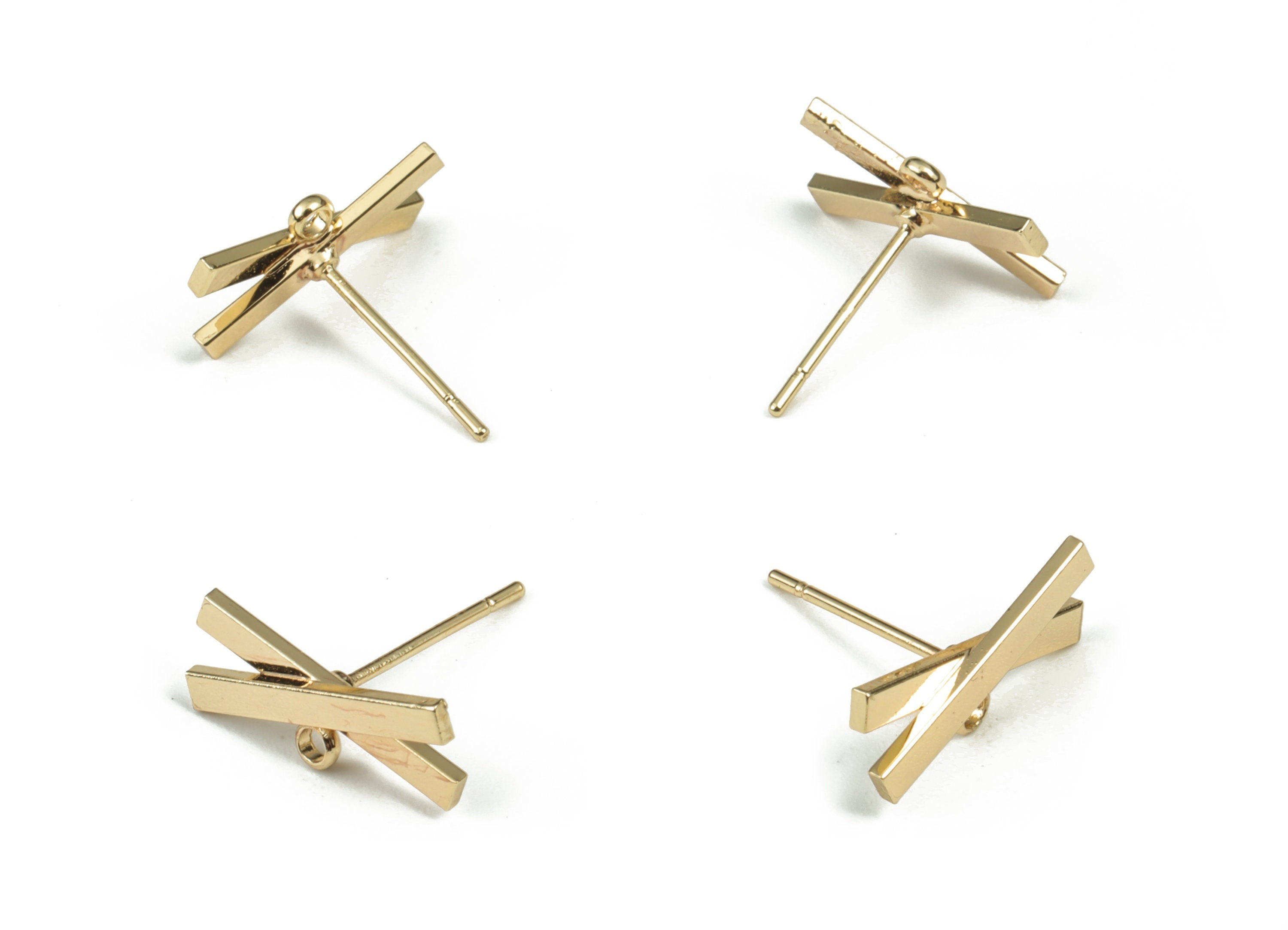 Brass X Earring Stud - Gold Beads Post - 18K Real Gold Plated Brass – 316 Surgical Stainless Steel Stud - 14.84x9.59x2.04mm - RGP2931 - DOMEDBAZAAR