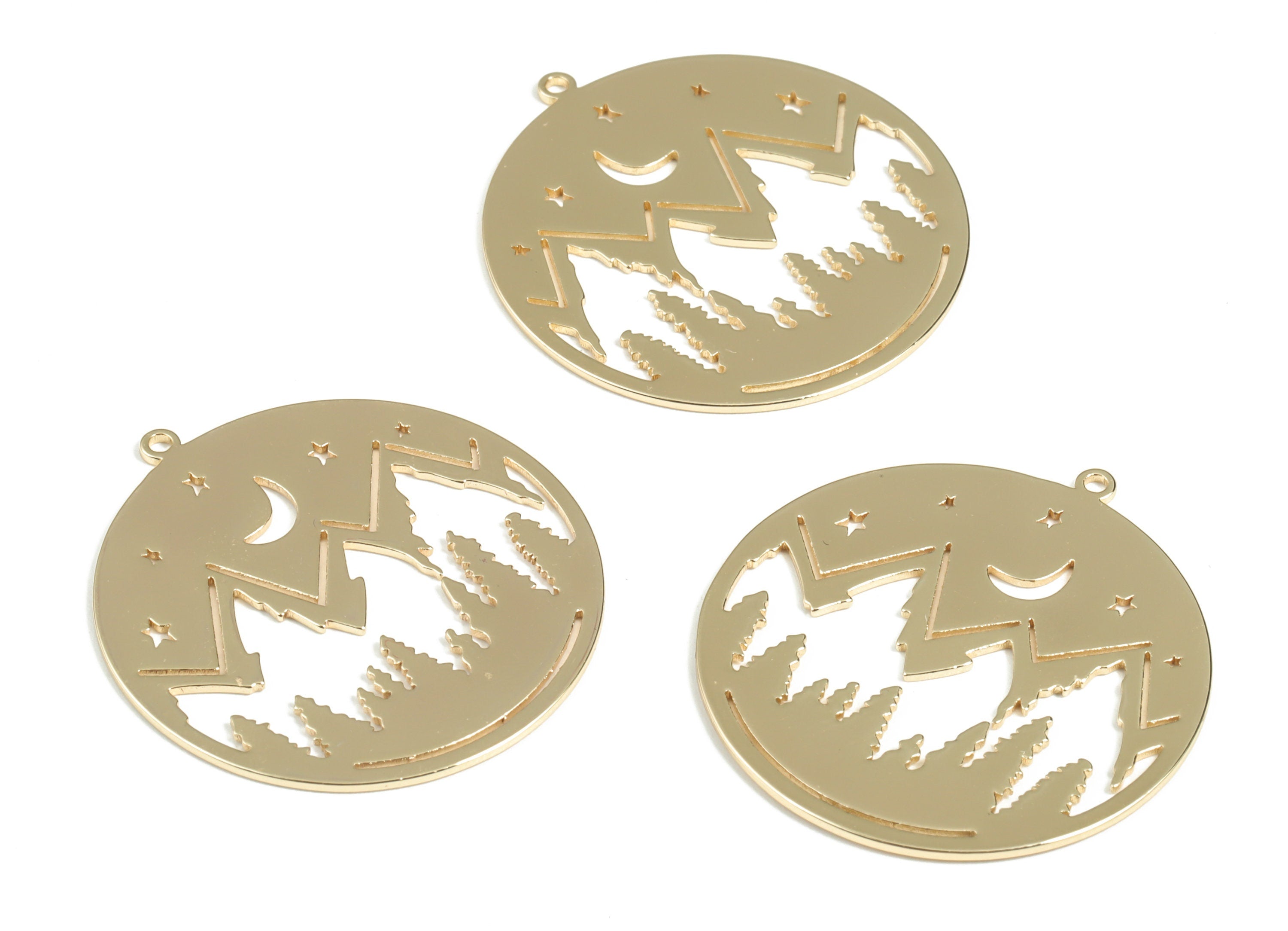 Brass Mountain Moon Stars Earring Charms - Gold Mountain Crescent Pendant - 18K Real Gold  Plated Brass - 32.23x30.03x0.81mm - RGP2960G - DOMEDBAZAAR