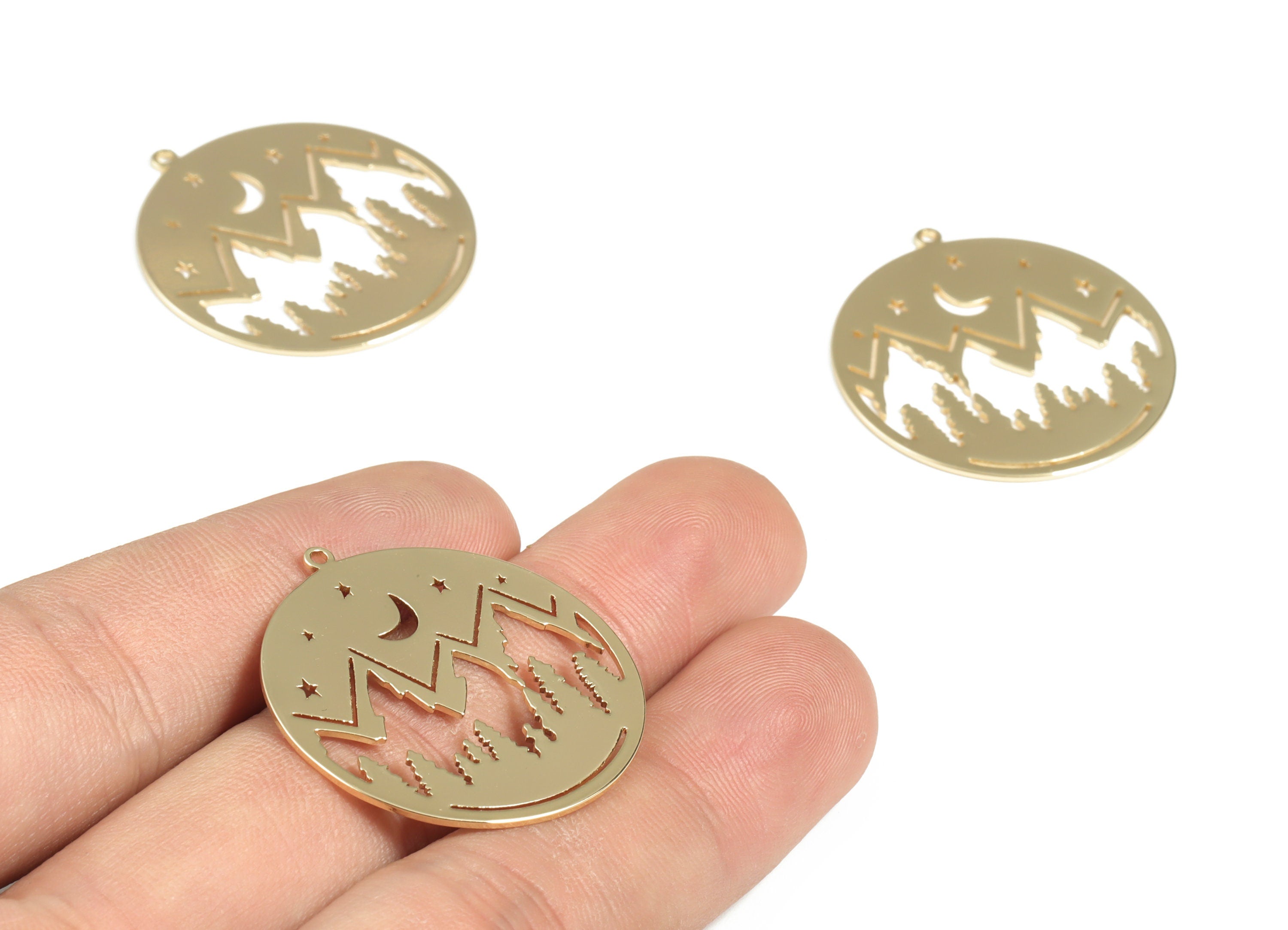 Brass Mountain Moon Stars Earring Charms - Gold Mountain Crescent Pendant - 18K Real Gold  Plated Brass - 32.23x30.03x0.81mm - RGP2960G - DOMEDBAZAAR