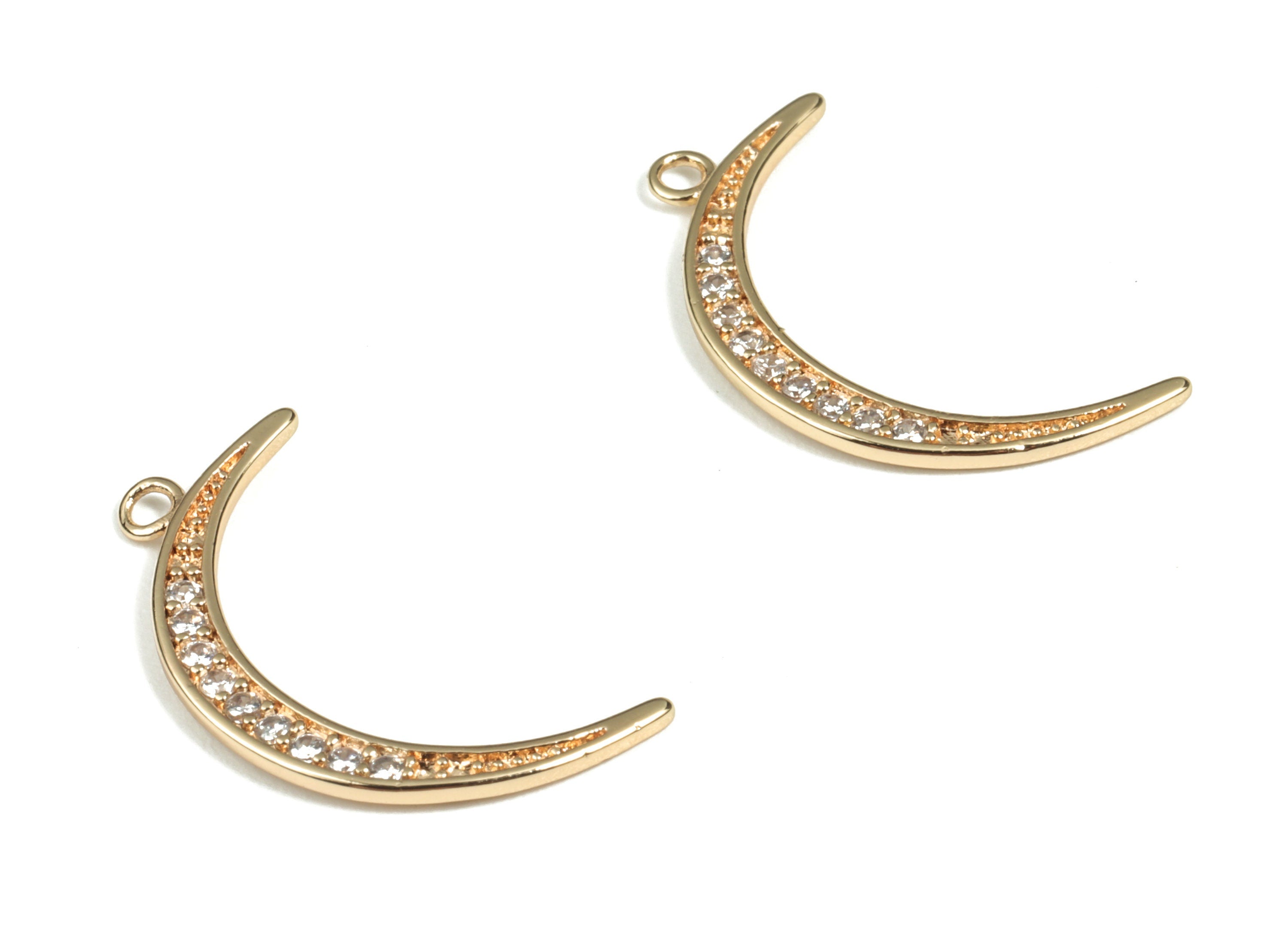 Brass Crescent Earring Charms With Zircons - 18K Real Gold Plated Brass Moon Pendant - Jewelry Making Supplies – 21.51x11.5x1.27mm - RGP2997 - DOMEDBAZAAR