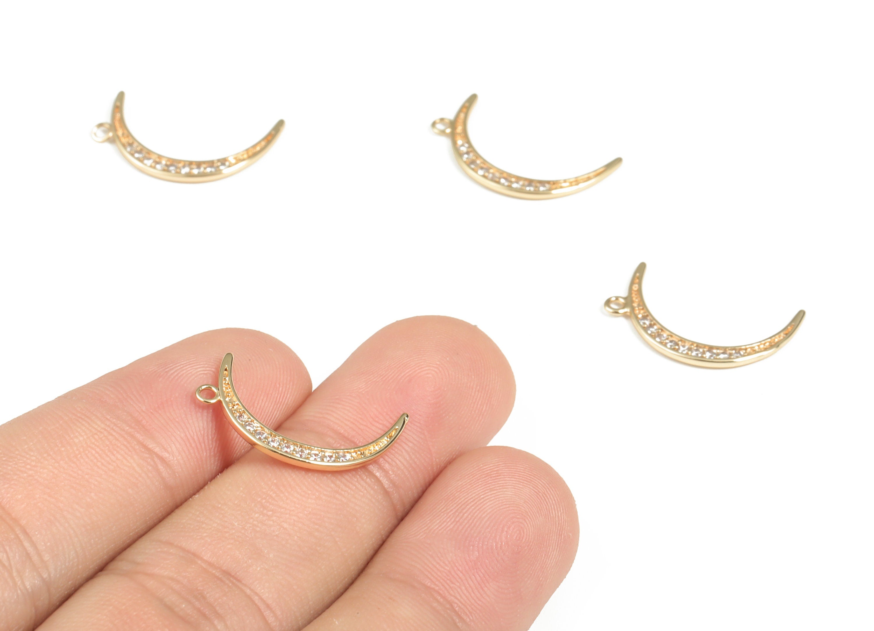 Brass Crescent Earring Charms With Zircons - 18K Real Gold Plated Brass Moon Pendant - Jewelry Making Supplies – 21.51x11.5x1.27mm - RGP2997 - DOMEDBAZAAR