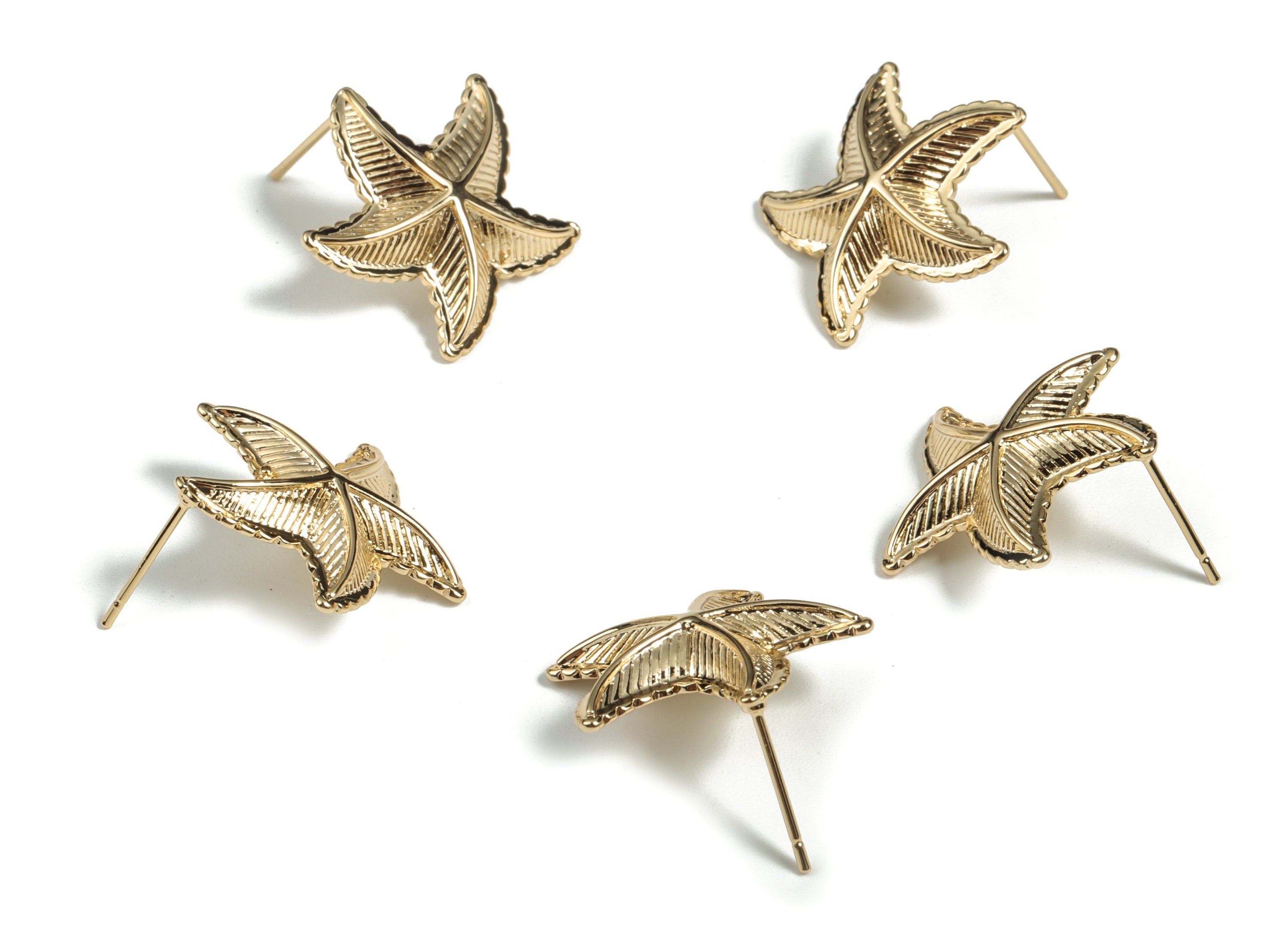 Brass Starfish Earring Post –Gold Starfish Stud - 18K Real Gold Plated Brass – 316 Surgical Stainless Steel - 21.53×20.69×3.79mm - RGP2928 - DOMEDBAZAAR