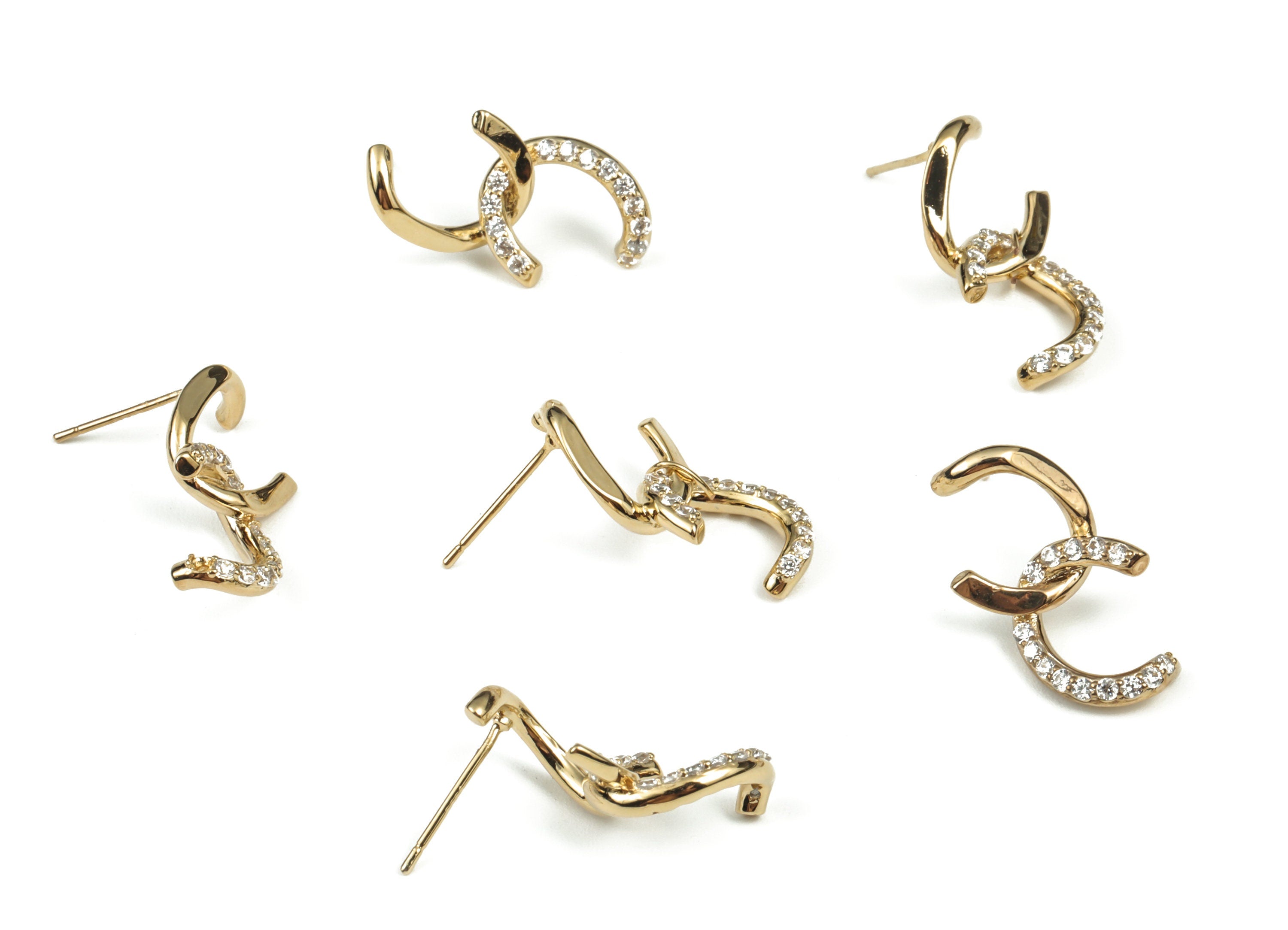 Brass Double C Earring Stud With Zircons - 18K Real Gold Plated Brass Double C Post – 925 Silver Stud - 21.43x11.83x3.81mm - RGP2999 - DOMEDBAZAAR
