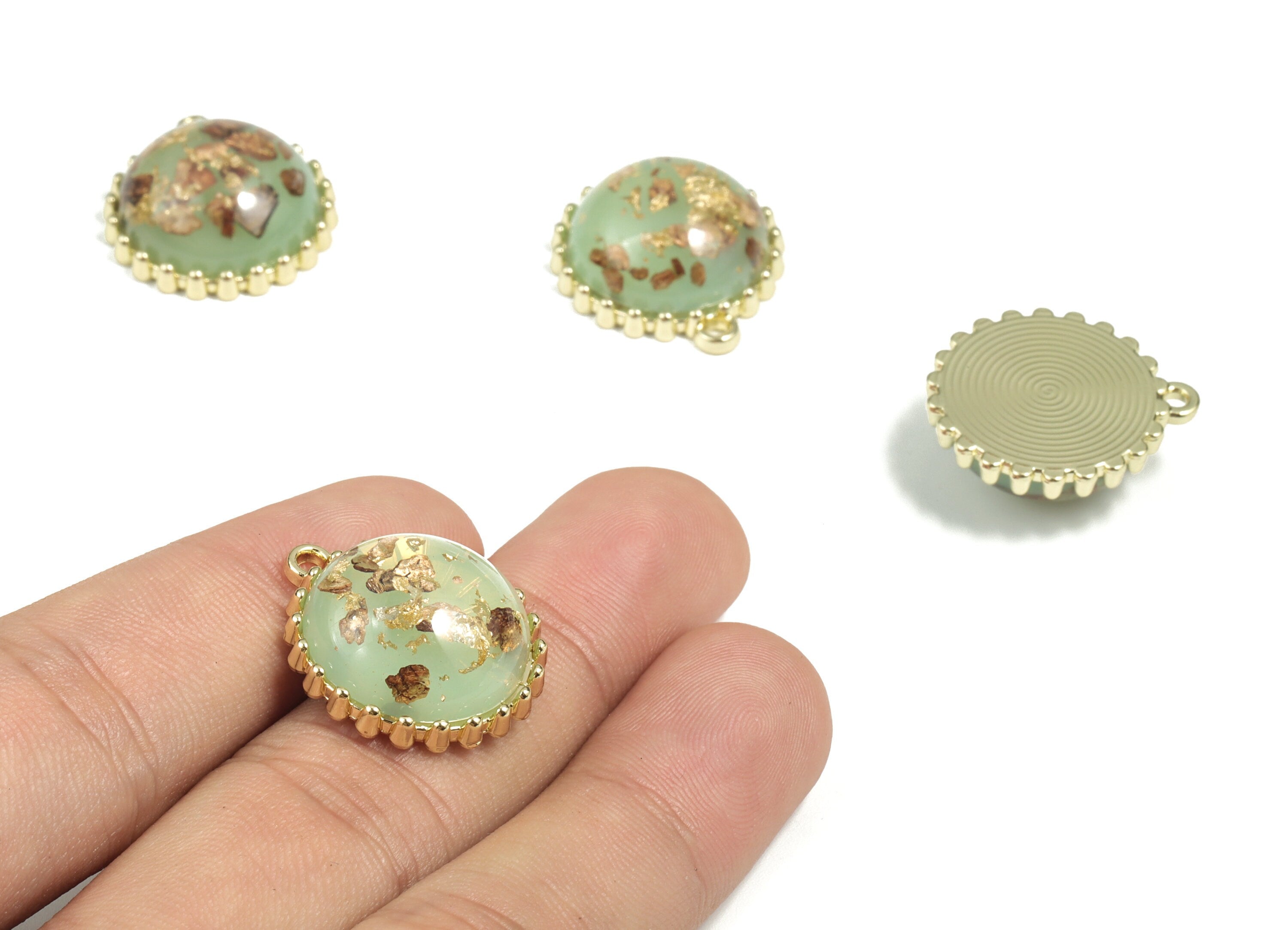 Alloy Round Earring Charms With Resin - Gold Alloy Circle Pendant - Earring Findings - Jewelry Making Supplies - 23.01x20.61x8.6mm - ZZ1788 - DOMEDBAZAAR