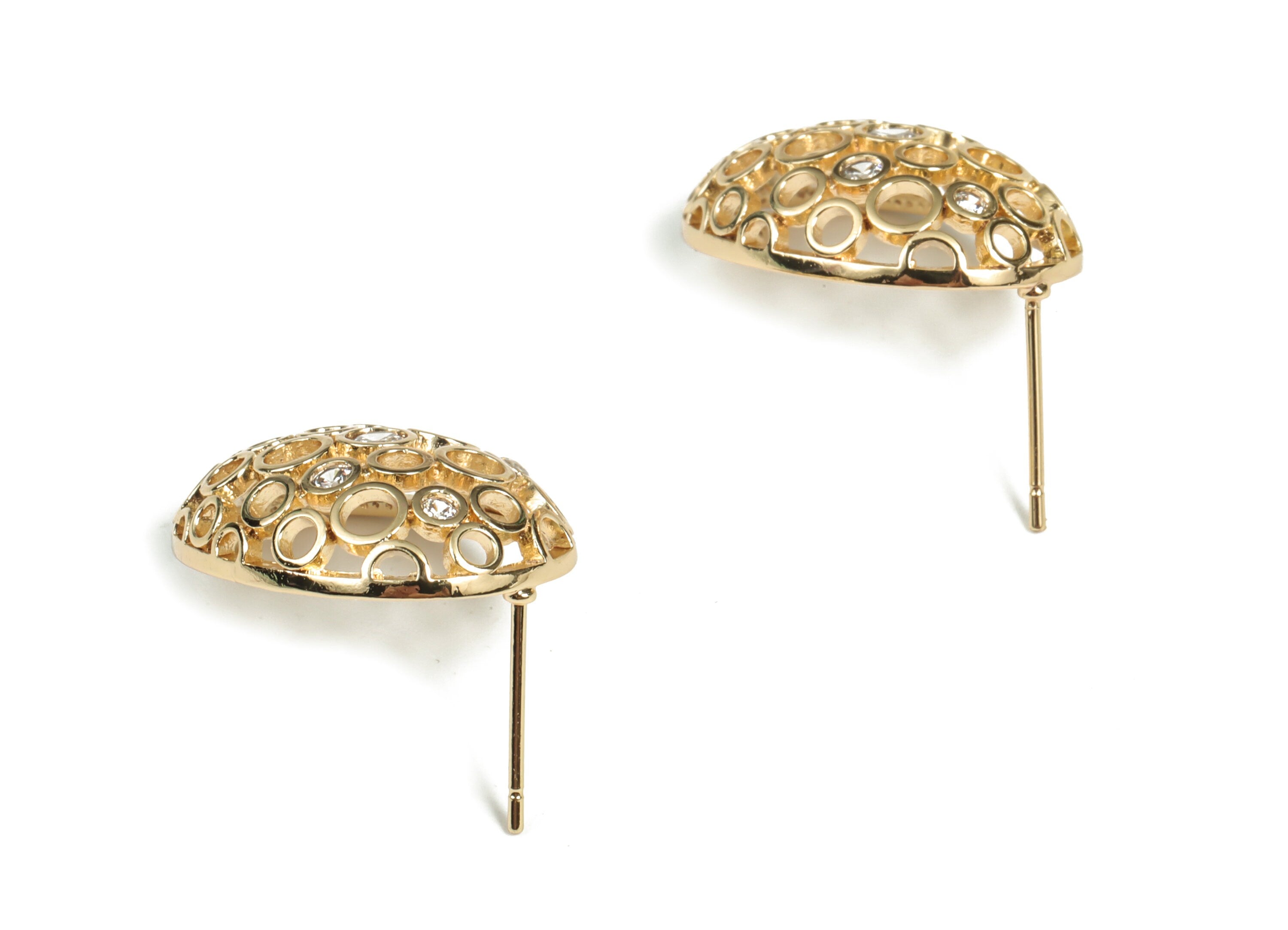 Brass Oval Earring Post With Zircons - Gold Oval Stud - 18K Real Gold Plated Brass -  316 Surgical Stainless Steel - 22x16x6mm - RGP2953 - DOMEDBAZAAR