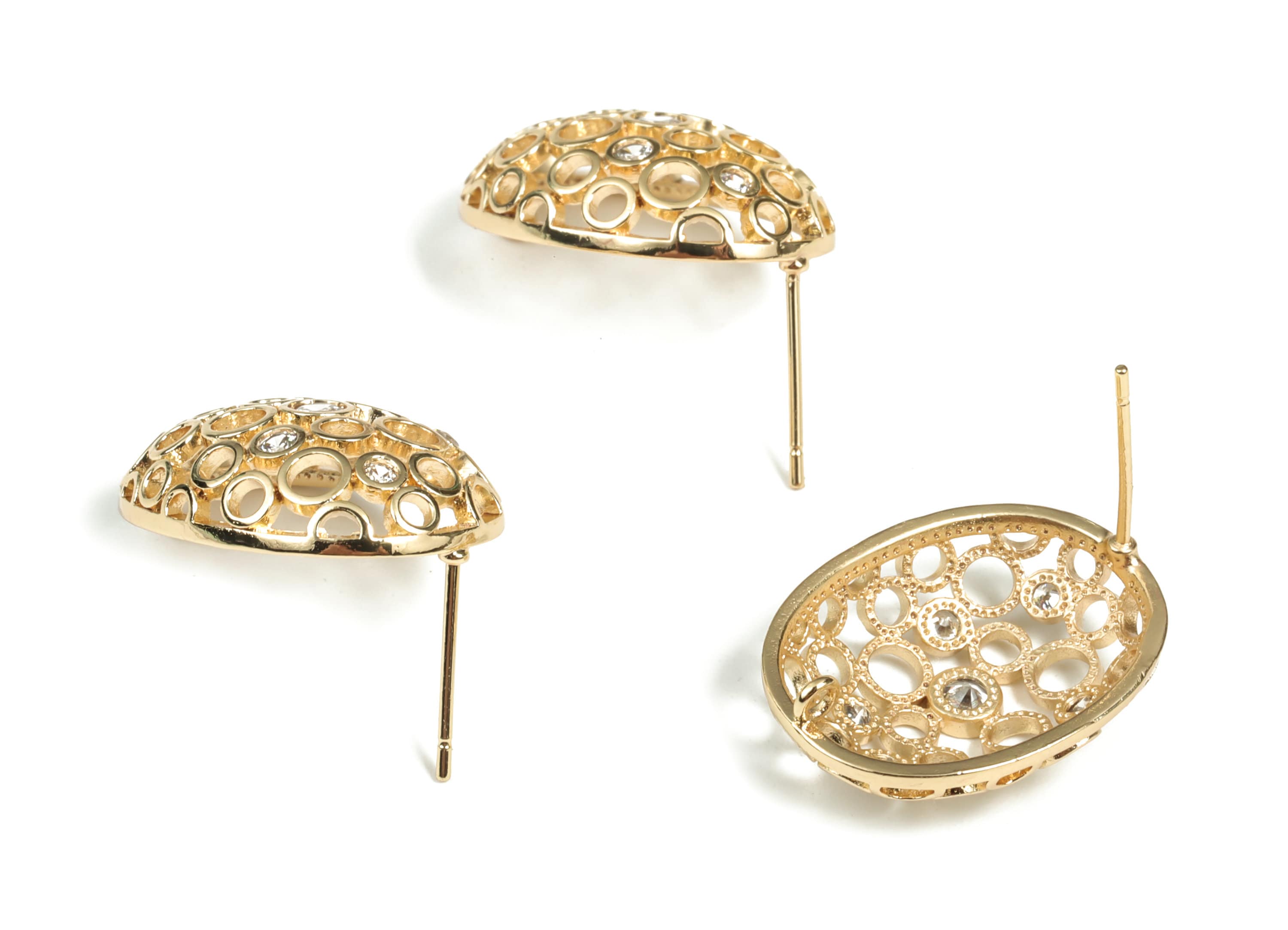 Brass Oval Earring Post With Zircons - Gold Oval Stud - 18K Real Gold Plated Brass -  316 Surgical Stainless Steel - 22x16x6mm - RGP2953 - DOMEDBAZAAR