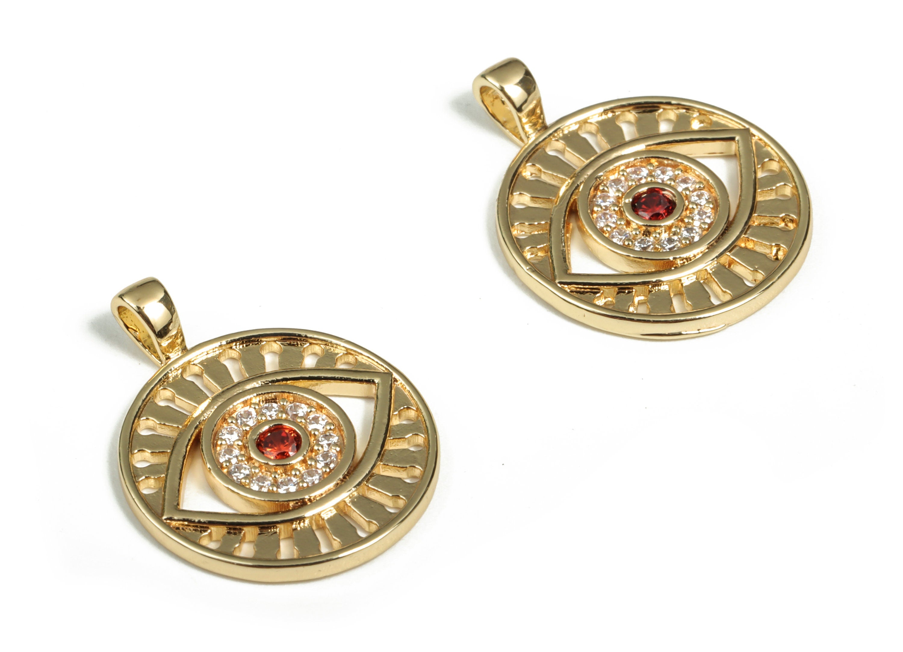 Brass Round Eye Earring Charms With Zircon - Gold Circle Eye Pendant - 18K Real Gold Plated Brass -  21.91x17.26x1.67mm - RGP3014 - DOMEDBAZAAR