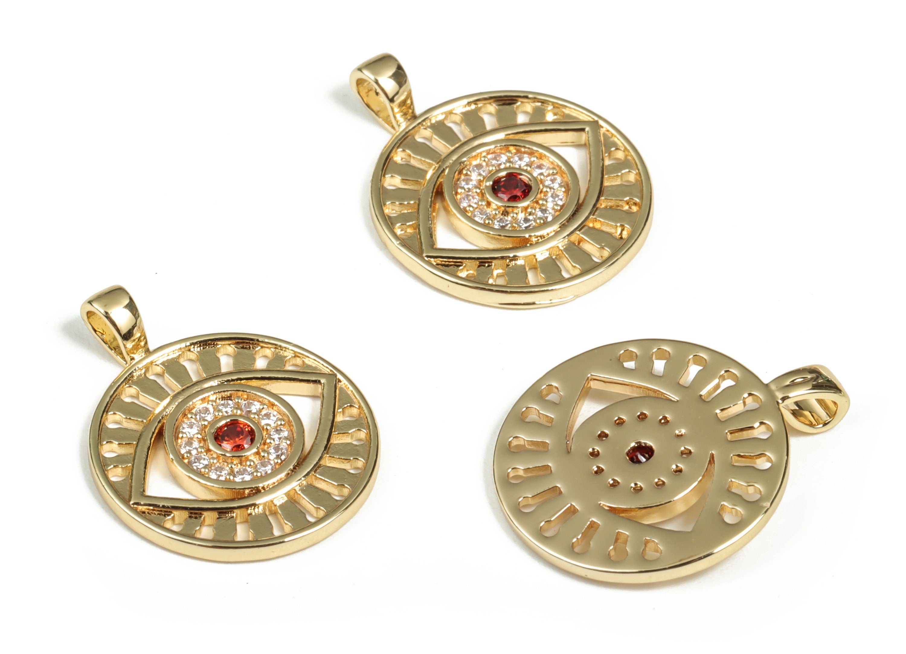 Brass Round Eye Earring Charms With Zircon - Gold Circle Eye Pendant - 18K Real Gold Plated Brass -  21.91x17.26x1.67mm - RGP3014 - DOMEDBAZAAR