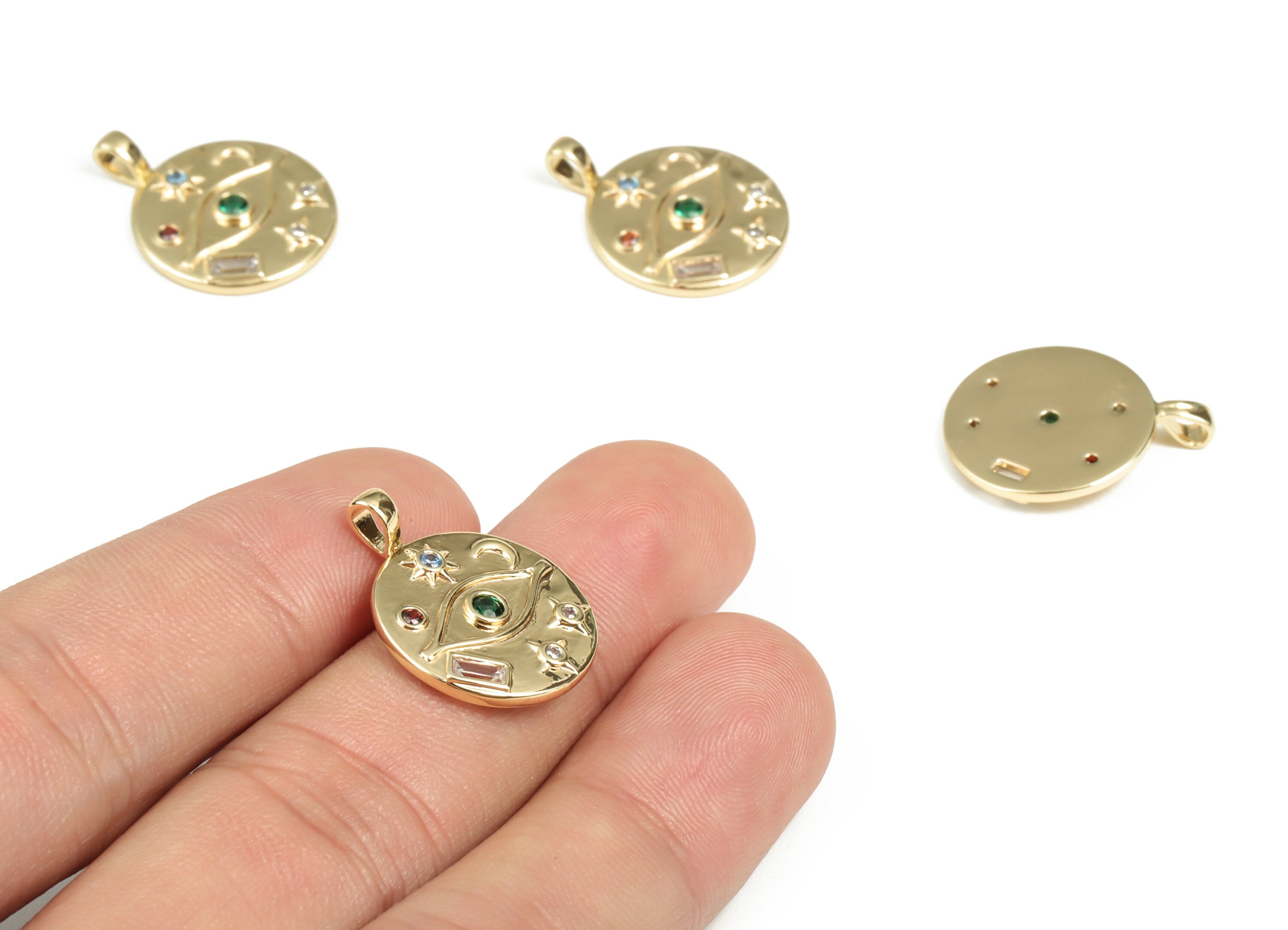 Brass Round Eye Earring Charms With Zircon – Gold Circle Moon Pendant - 18K Real Gold Plated Brass – 21.89x17.28x2.16mm - RGP3015 - DOMEDBAZAAR