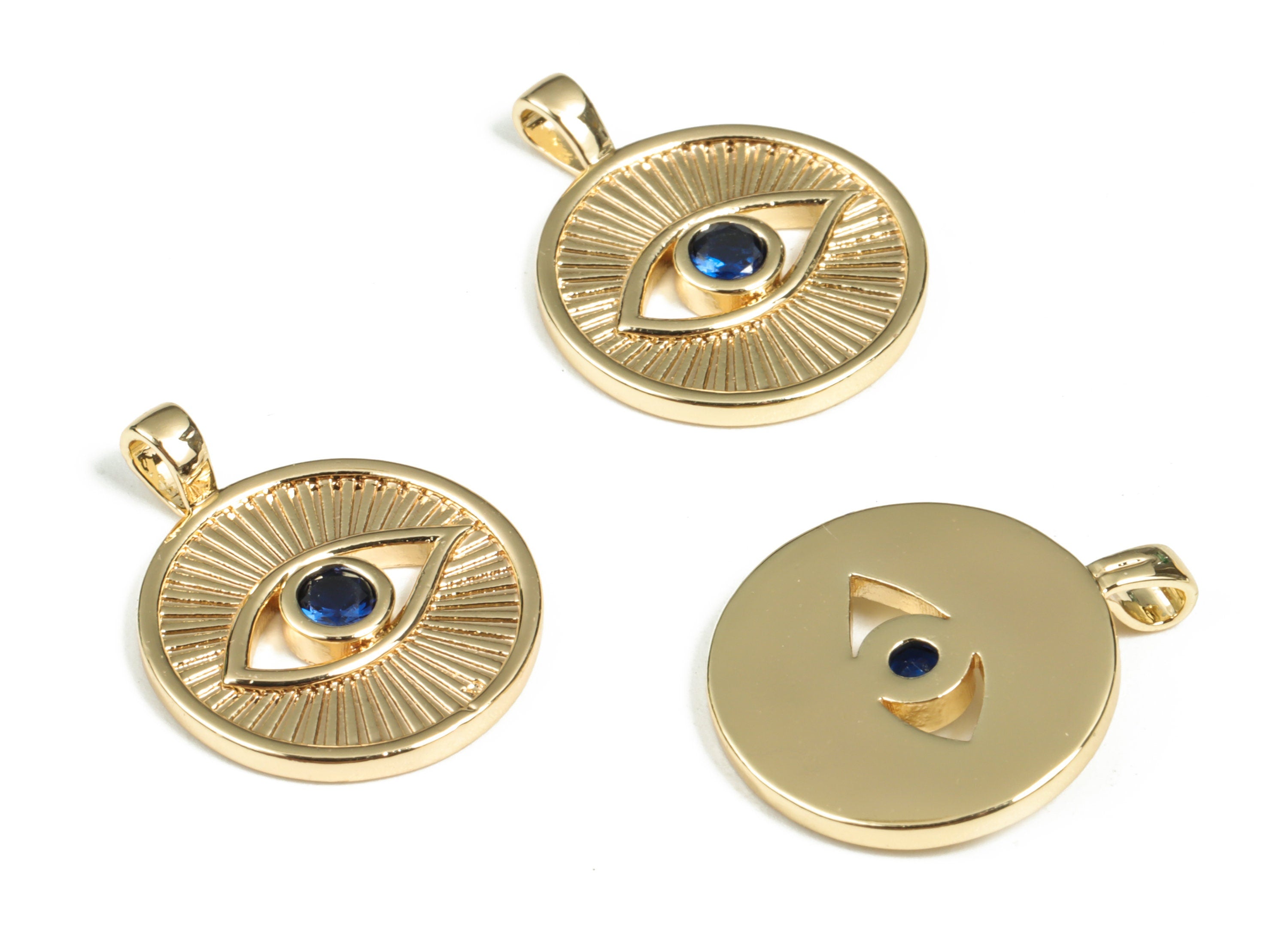 Brass Round Eye Earring Charms With Zircon - Gold Circle Eye Pendant - 18K Real Gold Plated Brass - 21.74x17.29x2.27mm - RGP3016 - DOMEDBAZAAR