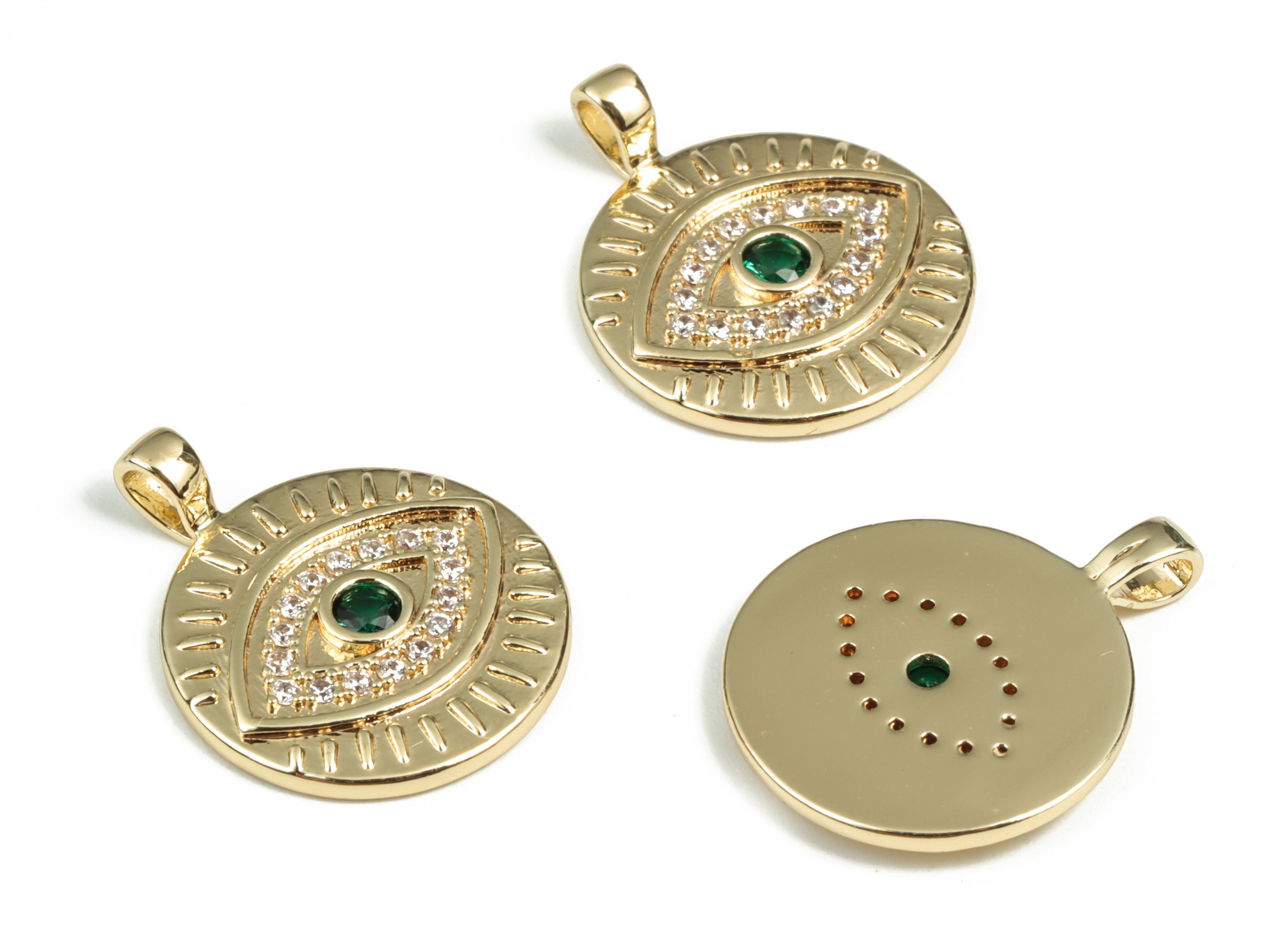 Brass Round Eye Earring Charms With Zircon - Gold Circle Eye Pendant - 18K Real Gold Plated Brass - 21.67x17.4x2.36mm - RGP3017 - DOMEDBAZAAR