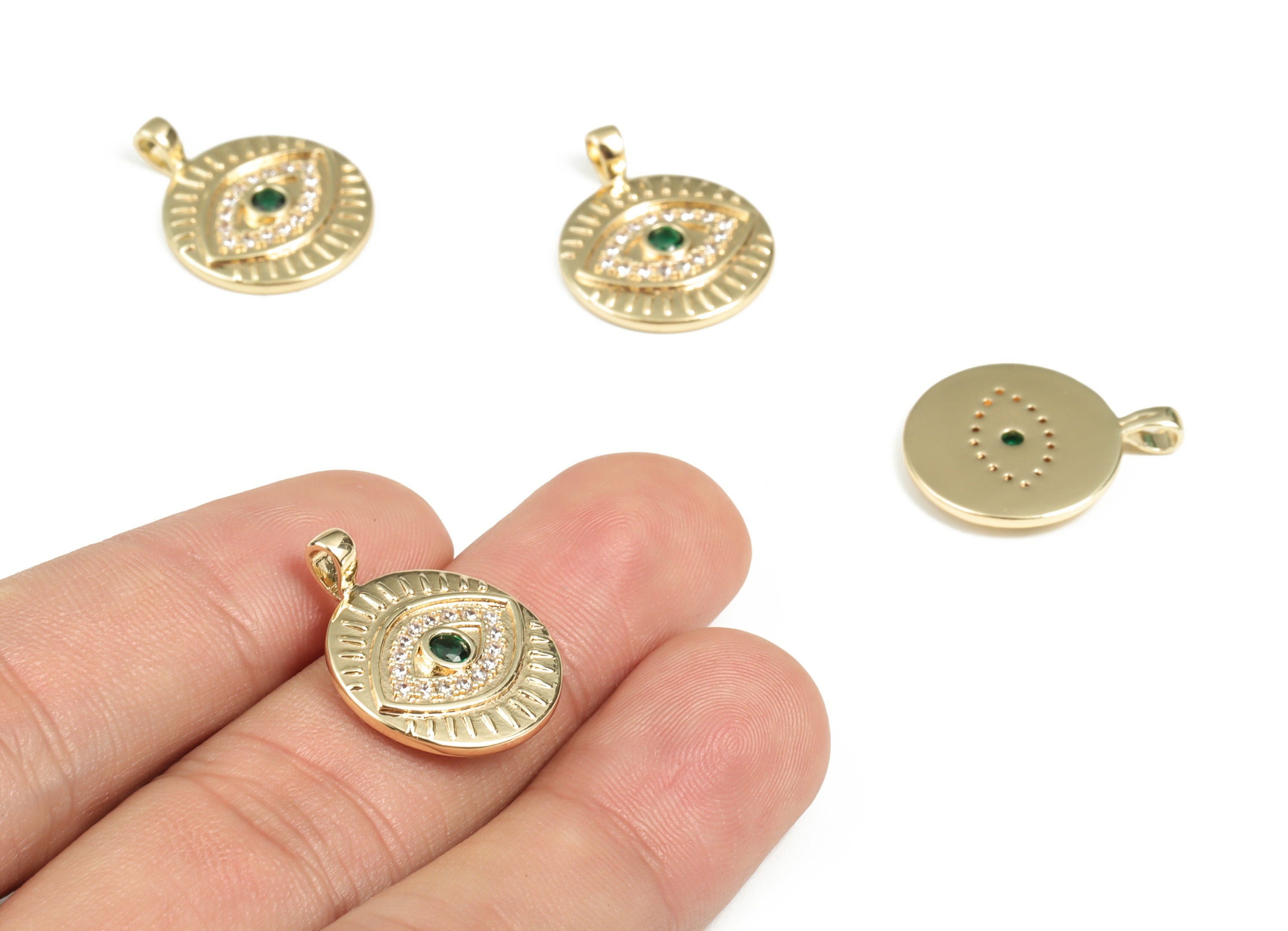 Brass Round Eye Earring Charms With Zircon - Gold Circle Eye Pendant - 18K Real Gold Plated Brass - 21.67x17.4x2.36mm - RGP3017 - DOMEDBAZAAR