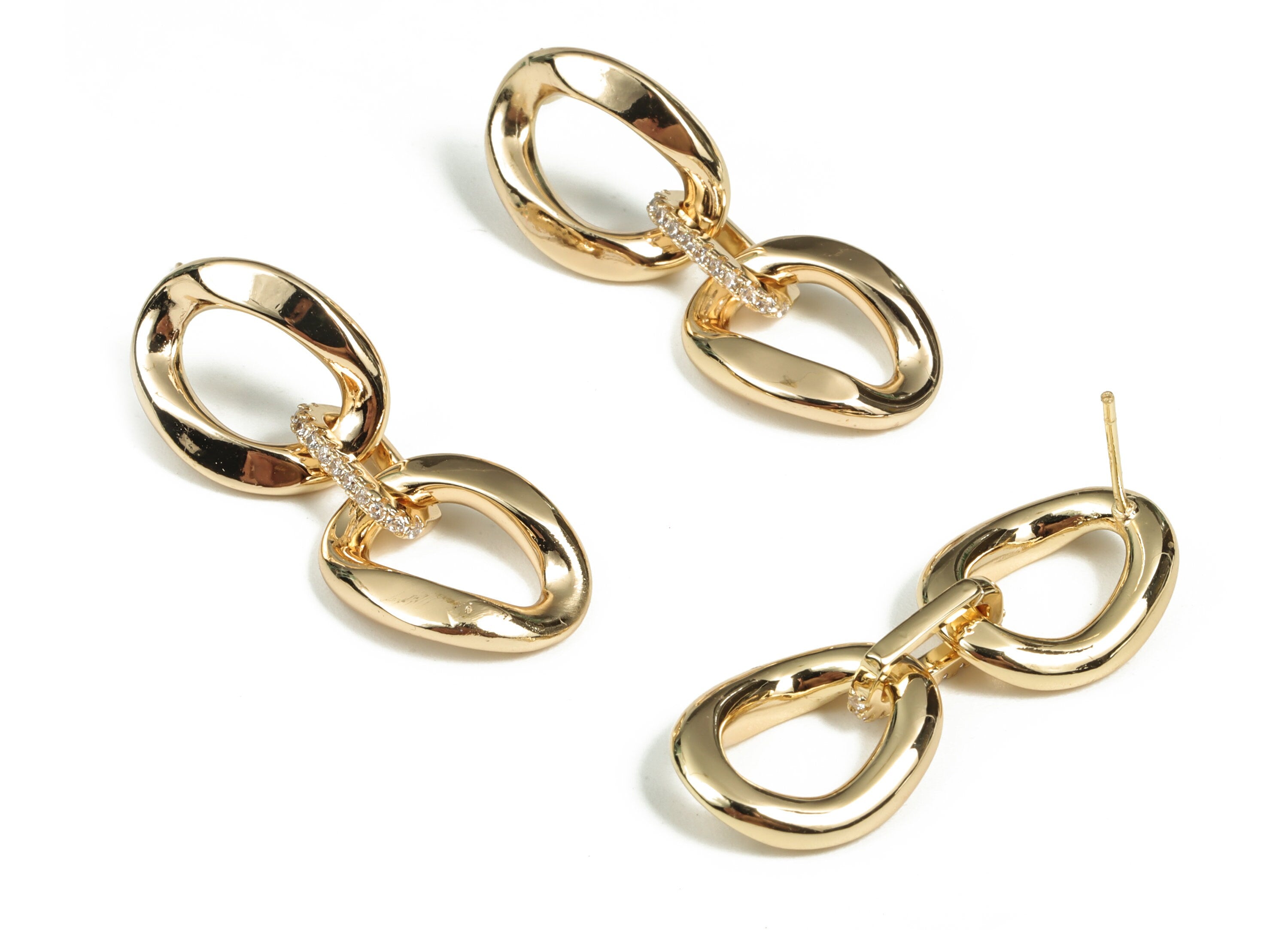 Brass Double Oval Earring Stud With Zircons - 18K Real Gold Plated Brass Double Oval Post – 925 Silver Stud - 36.08x13.77x3.37mm - RGP2946 - DOMEDBAZAAR