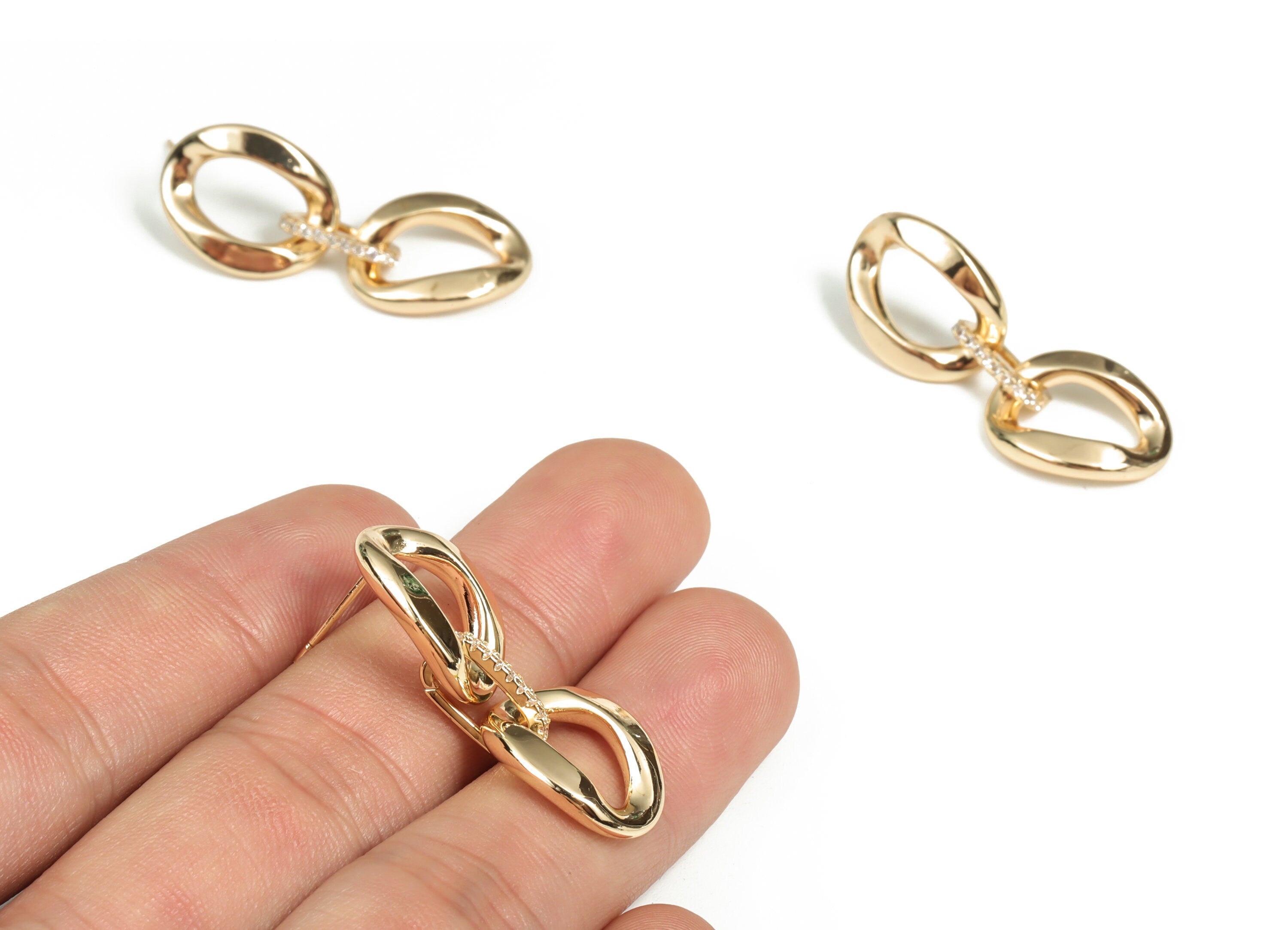 Brass Double Oval Earring Stud With Zircons - 18K Real Gold Plated Brass Double Oval Post – 925 Silver Stud - 36.08x13.77x3.37mm - RGP2946 - DOMEDBAZAAR